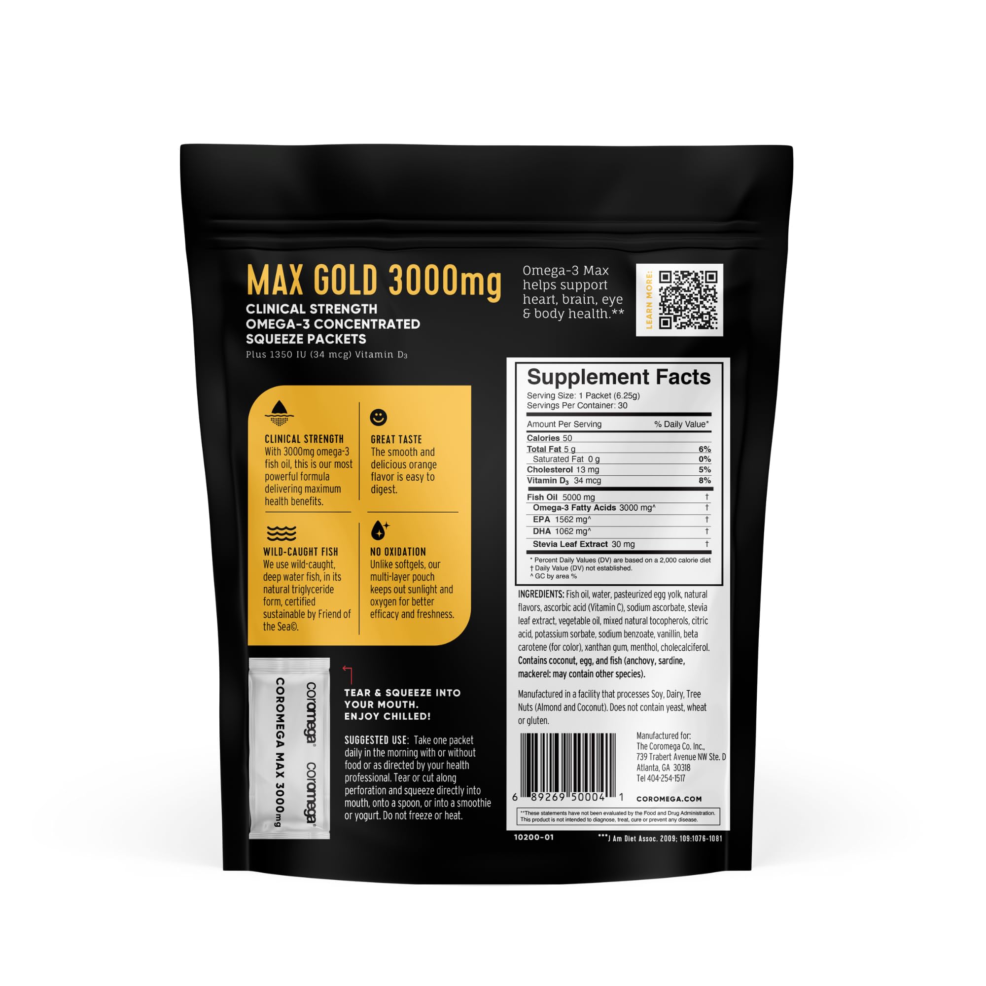 Coromega MAX Gold 3000mg Omega-3 Fish Oil + Vitamin D Squeeze Packets, Wild-Caught, No Fishy Taste - 3X Better Absorption Than Softgels, Supports Brain & Heart Health (30 Servings, Orange Flavor)