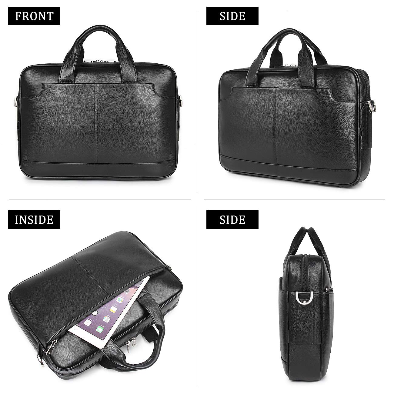 Augus Genuine Full Grain Leather Laptop Briefcase for Men 15.6 Inch Laptop Bag Messenger Tote Bags With YKK Zipper Black