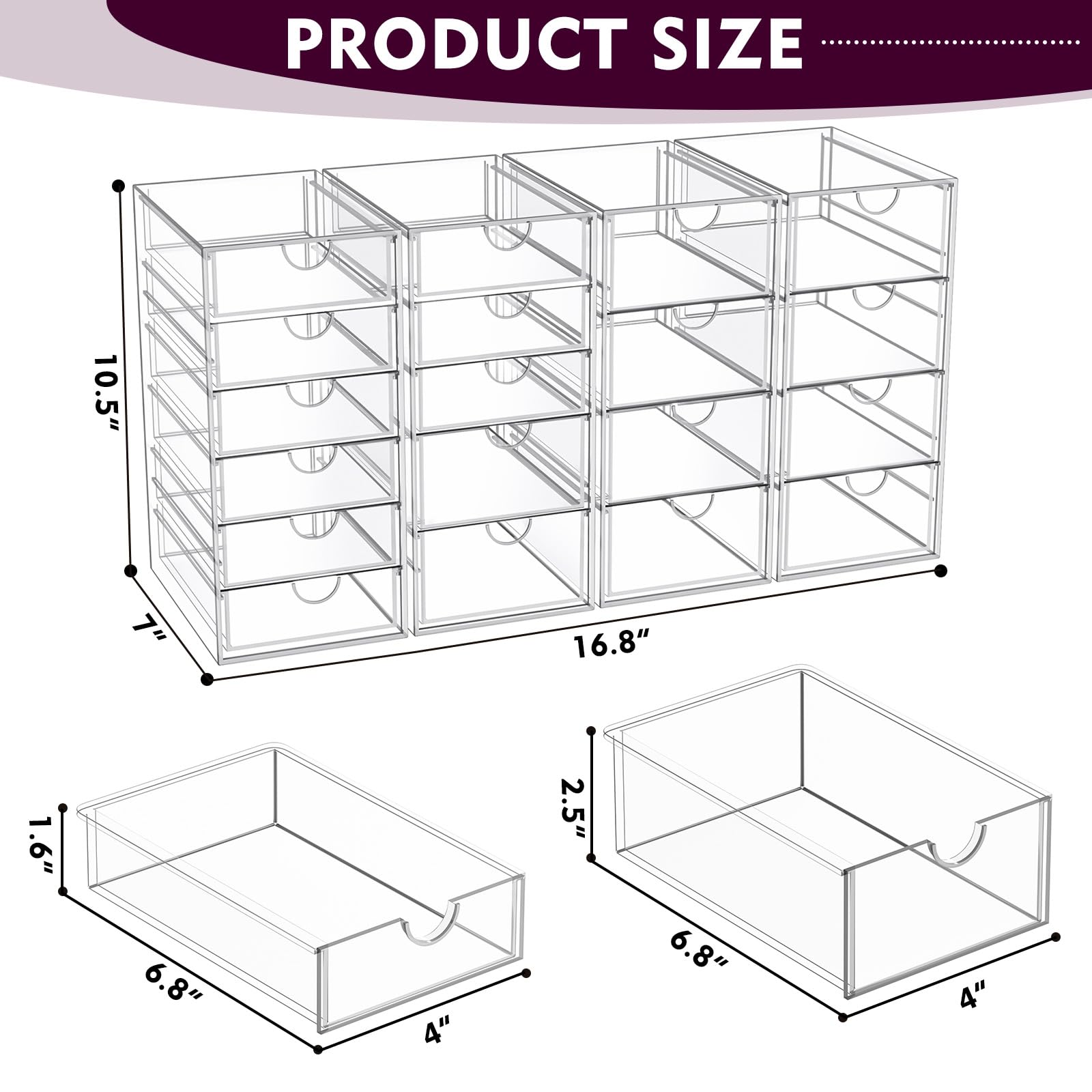 YFXCVSL Acrylic Makeup Organizer with 19 Drawers, 4 Pack Clear Storage Drawers, Bathroom Makeup Organizer for Palettes, Cosmetic, and Beauty Supplies,Ideal for Vanity, Cabinet,Desk Organization