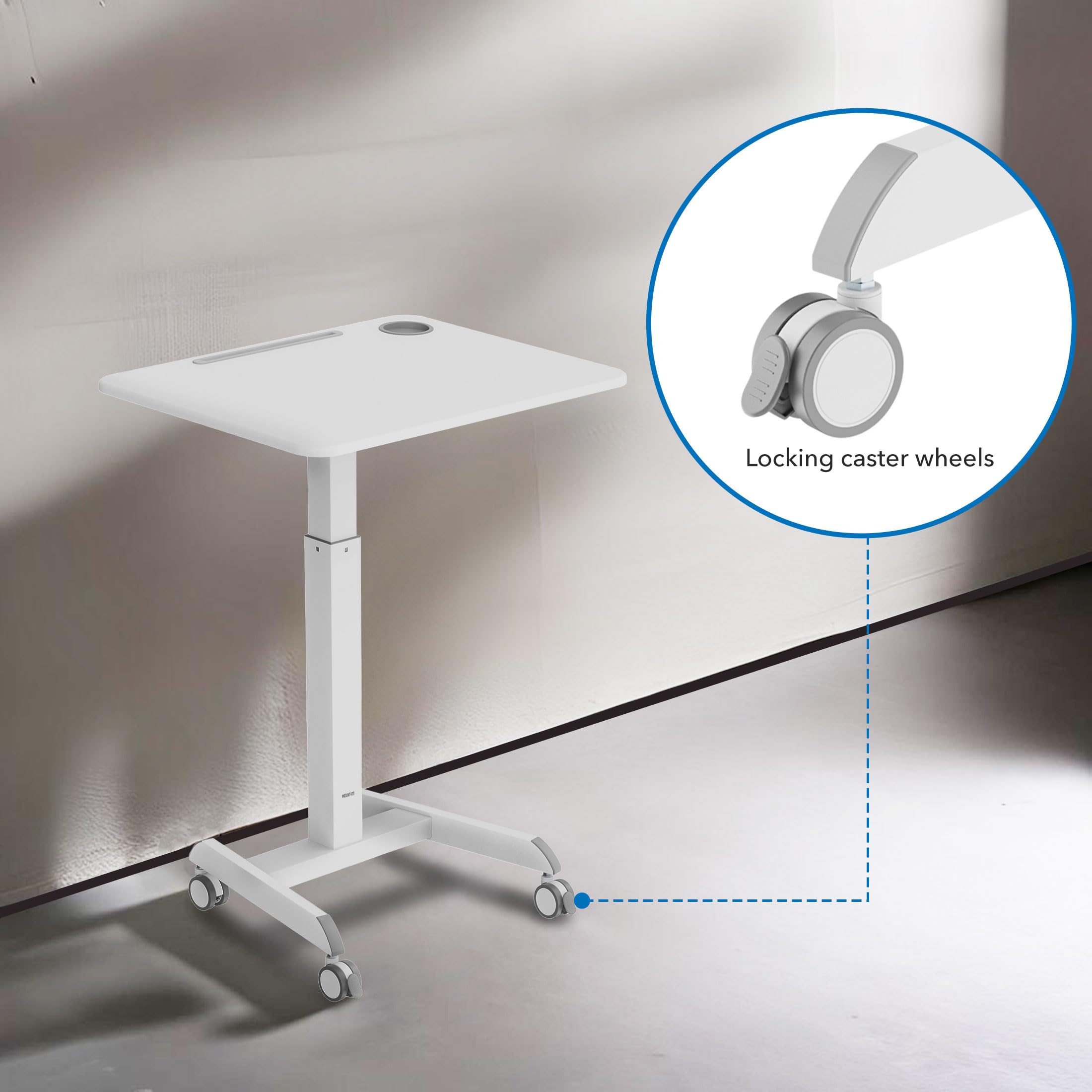 Mount-It! Mobile Laptop Desk Cart | Adjustable Rolling Laptop Stand with 28.5" x 22" Tabletop | Ergonomic Sit-Stand Workstation on Wheels | Portable Laptop Cart for Home Office in White