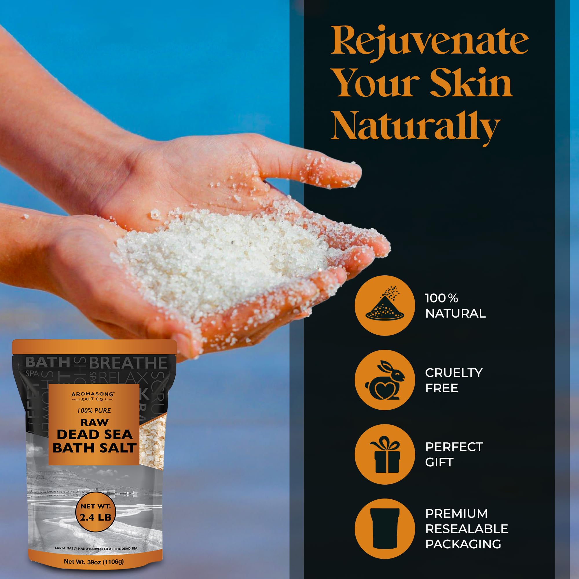 Aromasong Raw Dead Sea Bath Salt - Minimally Cleaned, Contains More Dead Sea Minerals Including Dead Sea Mud - 100% Pure & Natural Dead Sea Salts for Soaking 2.4 LB - Bulk Resealable Pack