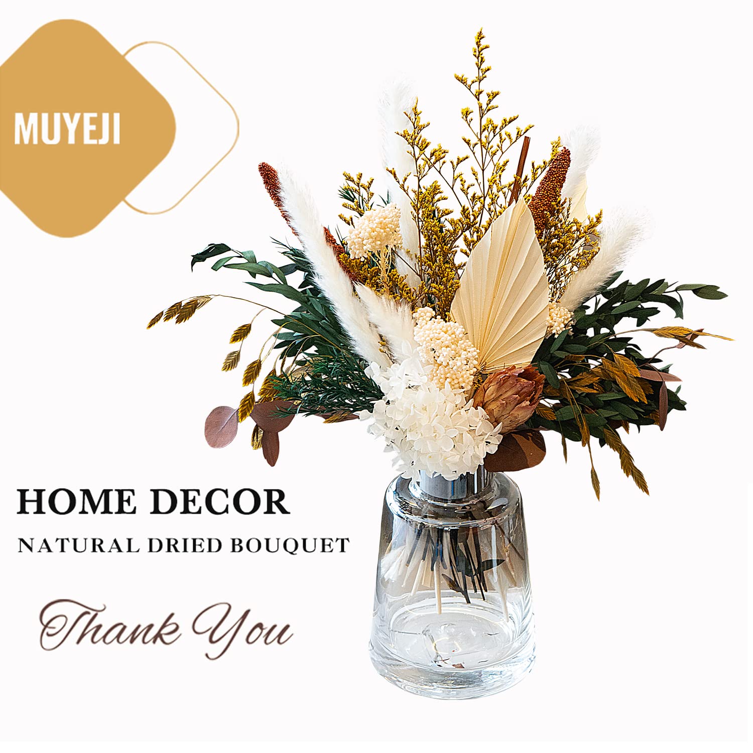Natural Dried Flower Bouquet - Pampas Grass Decor, Fall Flower Arrangements with Eucalyptus, Palm, Preserved Plants, Rustic Western Floral for Table Centerpiece, Bohemia Home Wedding Decoration