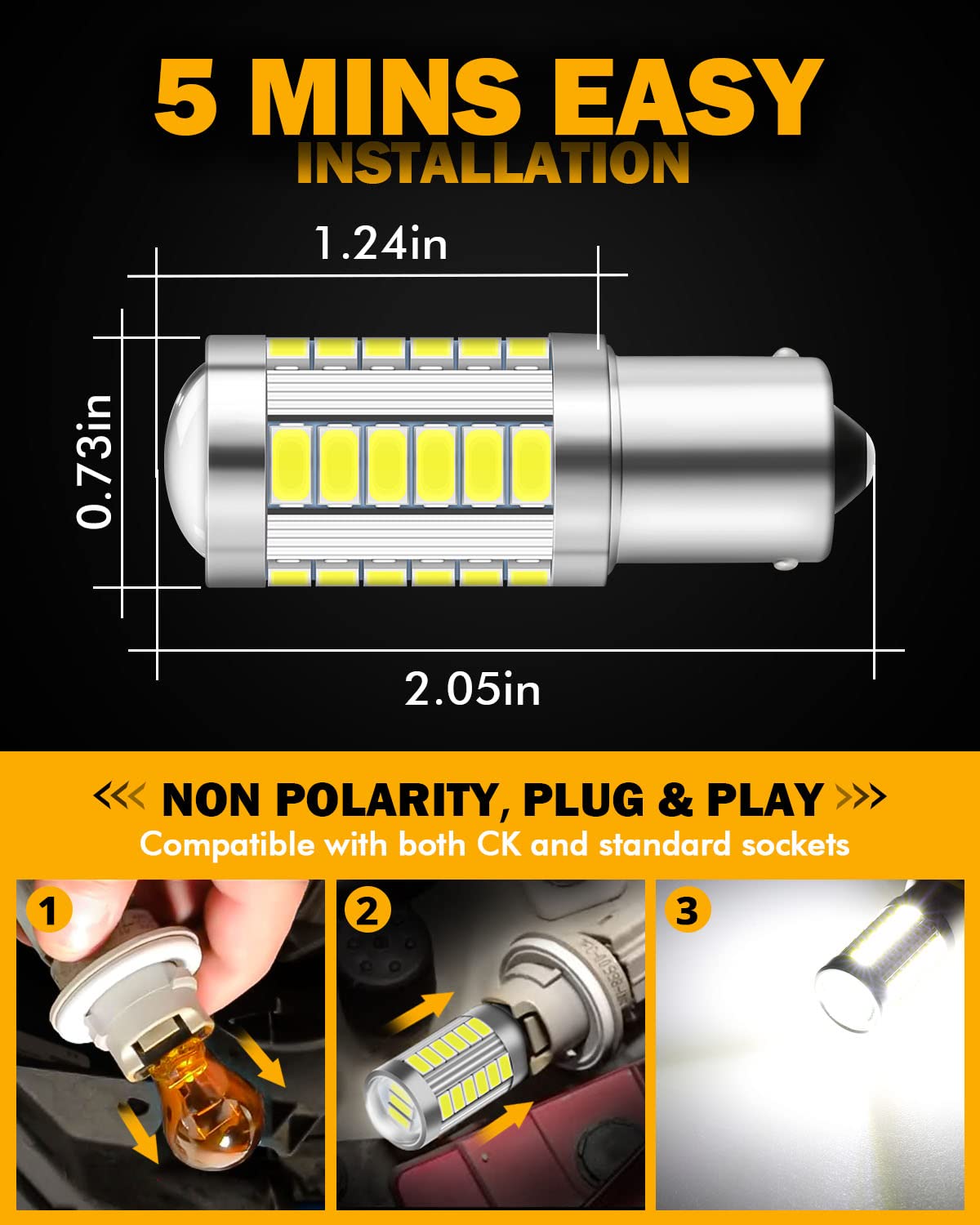 Auxbeam 1156 Reverse Light Bulbs, Super Bright 6500K White P21W BA15S LED Bulbs for Backup Reverse Lights, 33-SMD LED Chipsets with Projector, Pack of 2