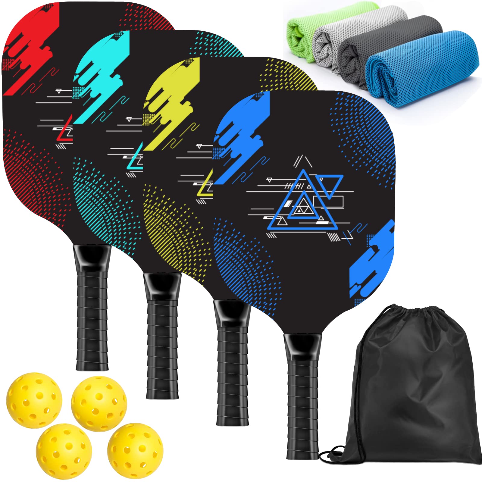 AOPOUL Pickleball Set with 4 Premium Wood Paddles, Cushion Comfort Grip, 4 Cooling Towels, 4 Pickleball Balls & Carry Bag, Pickle Ball Paddle for Men Women