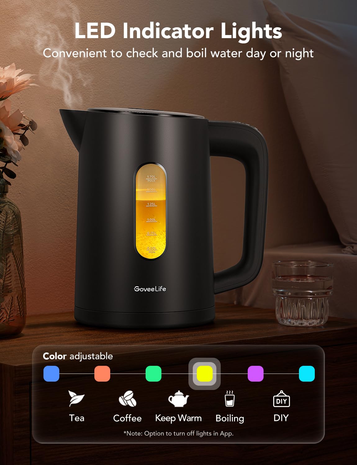 GoveeLife Smart Electric Kettle Temperature Control 1.7L, WiFi Electric Tea Kettle with LED Indicator Lights, 1500W Rapid Boil, 2H Keep Warm, BPA Free, 4 Presets Hot Water Boiler for Tea, Coffee