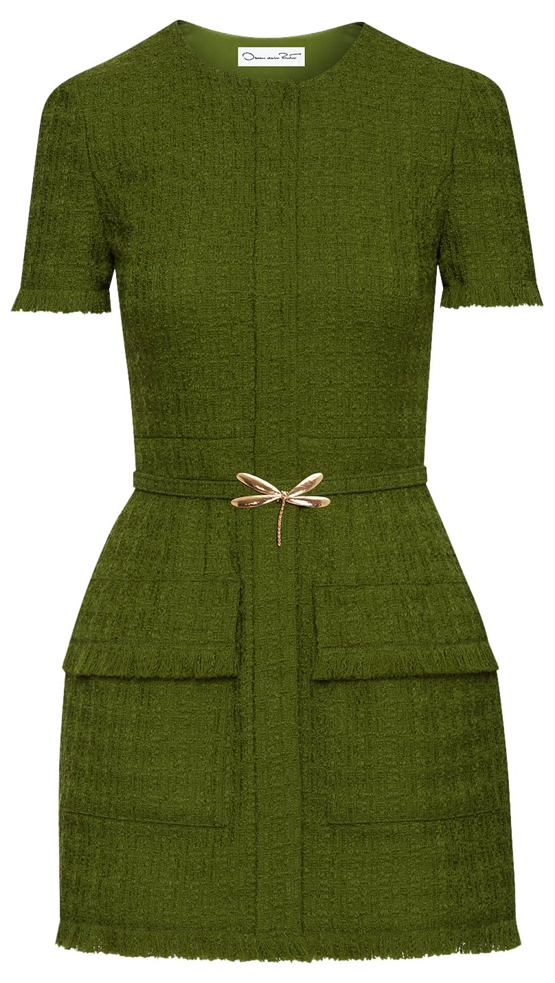 Oscar de la Renta, Dragonfly Belt Tweed Dress, Fern, 12