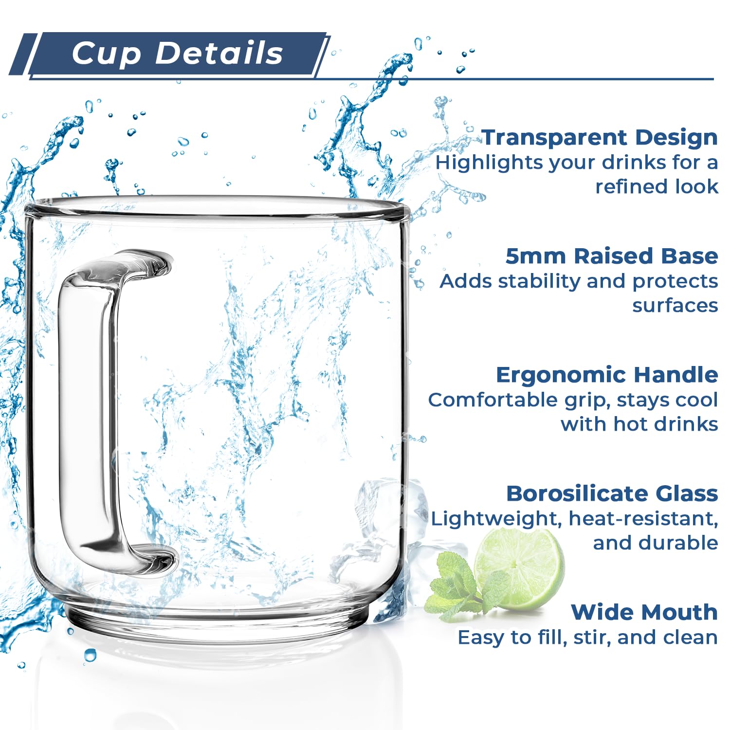 Aquach 22oz Large Clear Glass Coffee Mugs Set of 2 - Serve as General Drinking Glasses for Water, Coffee, Tea, and Juice