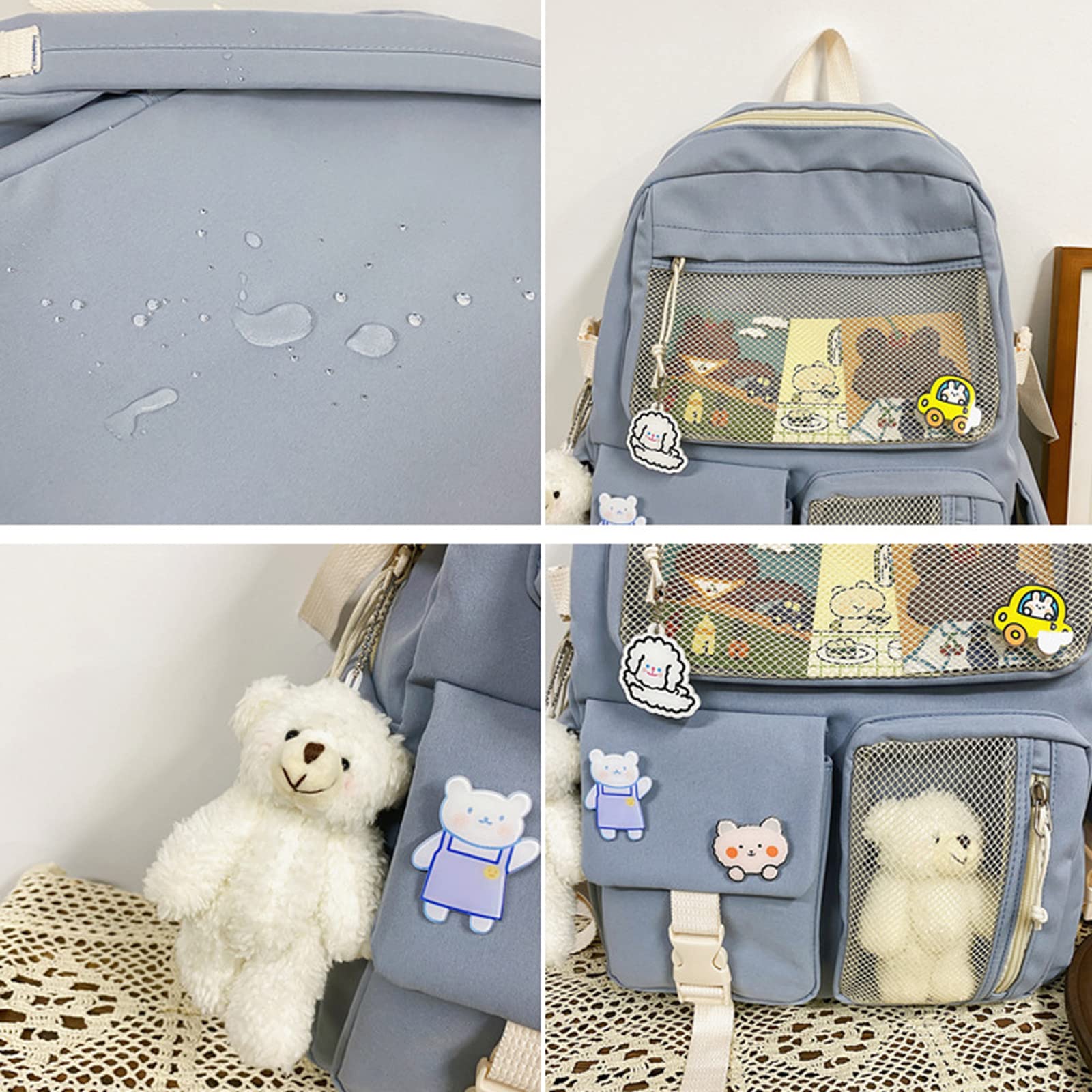 Eagerrich Cute Backpack with Cute Pin Accessories Plush Pendant for School Bag Student Girl Backpack Super-Capacity Waterproof Travel Backpack(Blue)