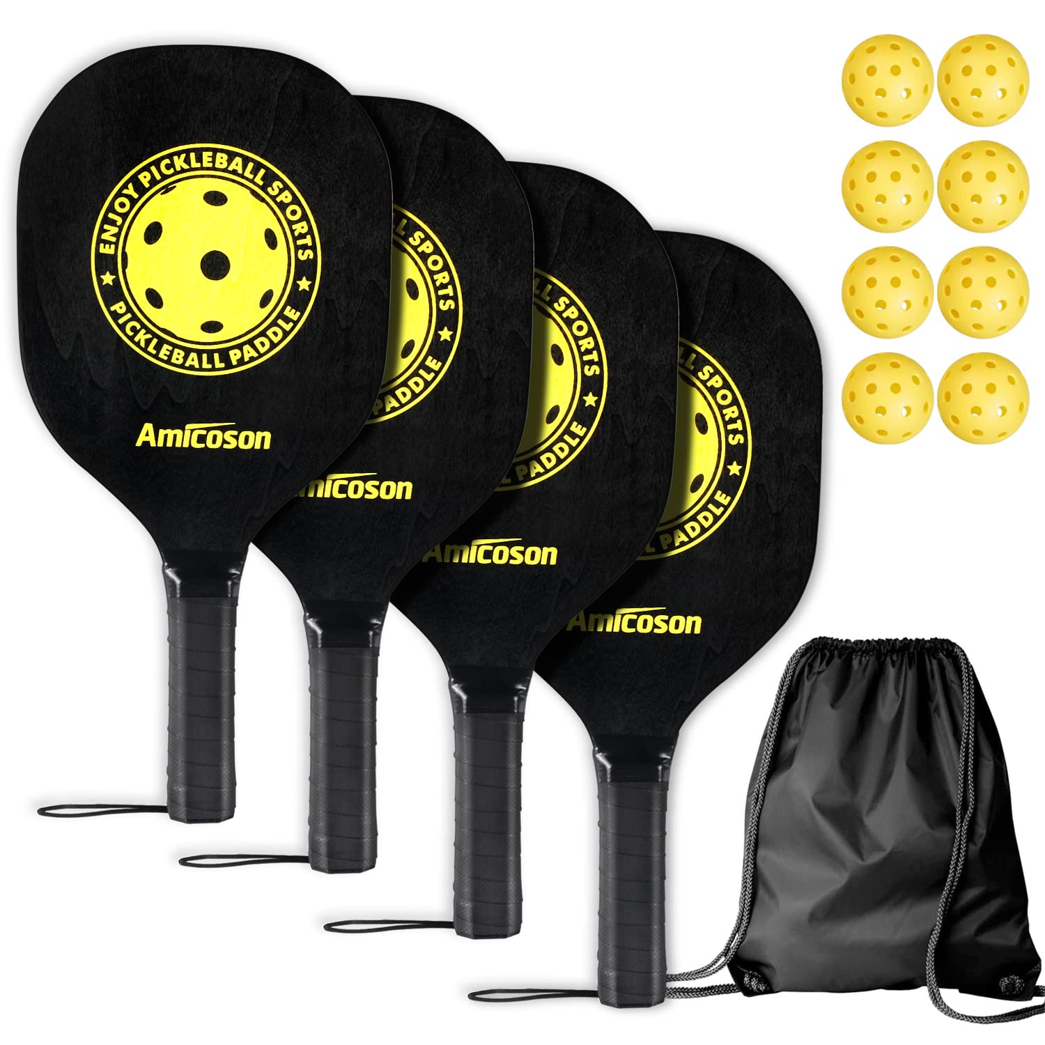 Amicoson Pickleball Paddles - Set of 4 Paddles, Indoor & Outdoor Balls, Paddle Wood Racket Ergonomic Cushion Grip, 8 Balls 1 Carry Bag