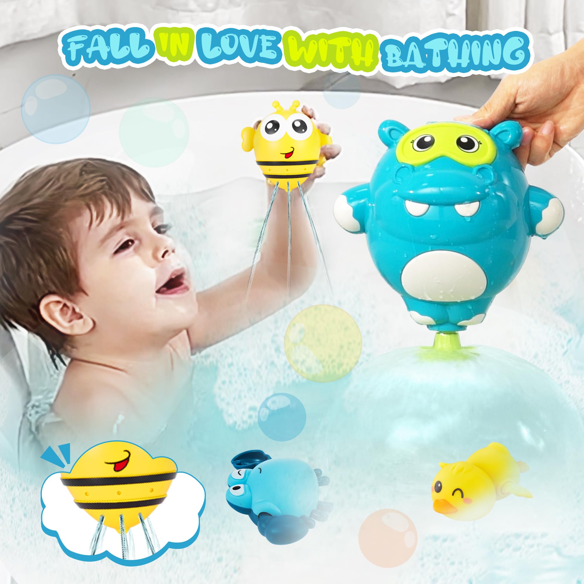 EKUEASYKU Bath Toys for Kids Ages 1-3 2-4 4-8 Hippo Toddler Bath Toys Water Toys with Burger Stacking Cups Swimming Duck Crab Bathtub Tub Toys Bath Time Emotion Letter Learning