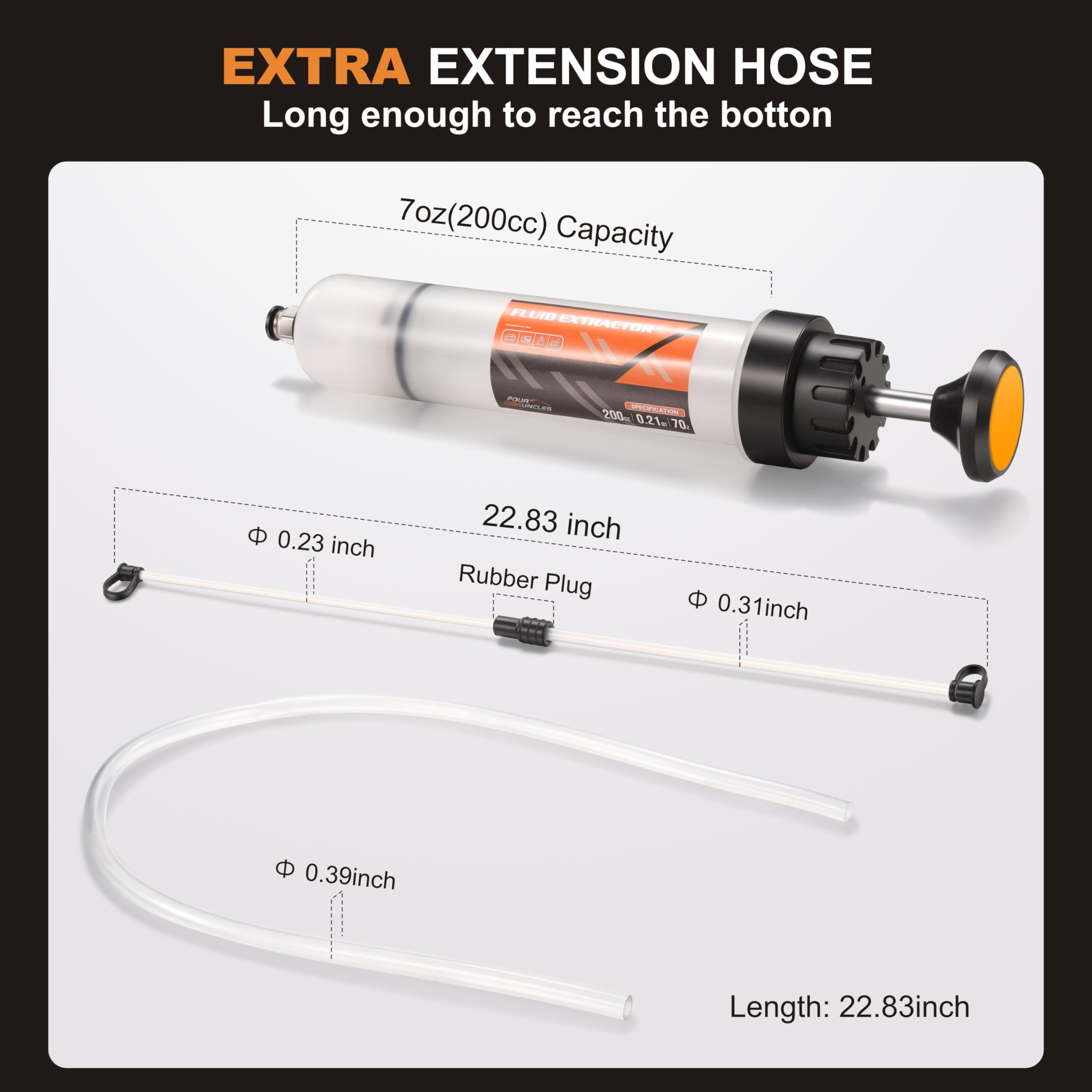 FOUR UNCLES 200cc Fluid Extractor, Extraction & Fill Pump, Oil Change Syringe with 23" Hose and Two 12" Tubes, Automotive Oil Syringe, Fluid Oil Change Evacuator