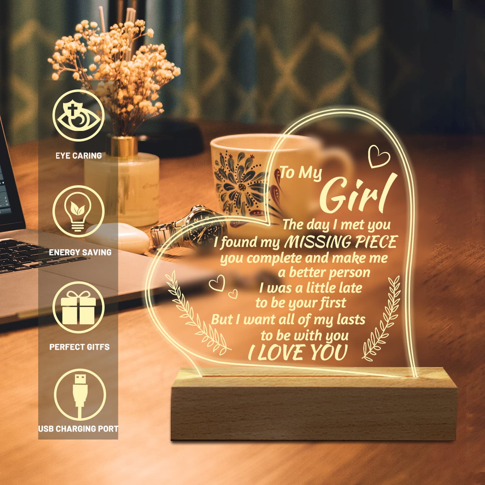 Romantic Gifts for Girlfriend, to My Girlfriend Engraved Night Light, I Love You Gifts for Her, Cute Girlfriends Birthday Anniversary Valentines Day Gifts for Her from Boyfriends