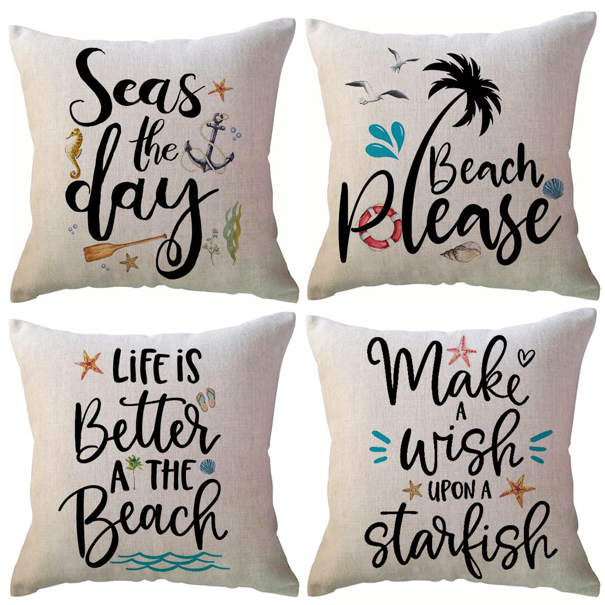 ULOVE LOVE YOURSELF Beach Life Throw Pillow Covers Seas The Day Beach Decorative Pillowcases Coastal Summer Holiday Decor Cushion Covers 18×18Inch,4Pack Beach House Decorations