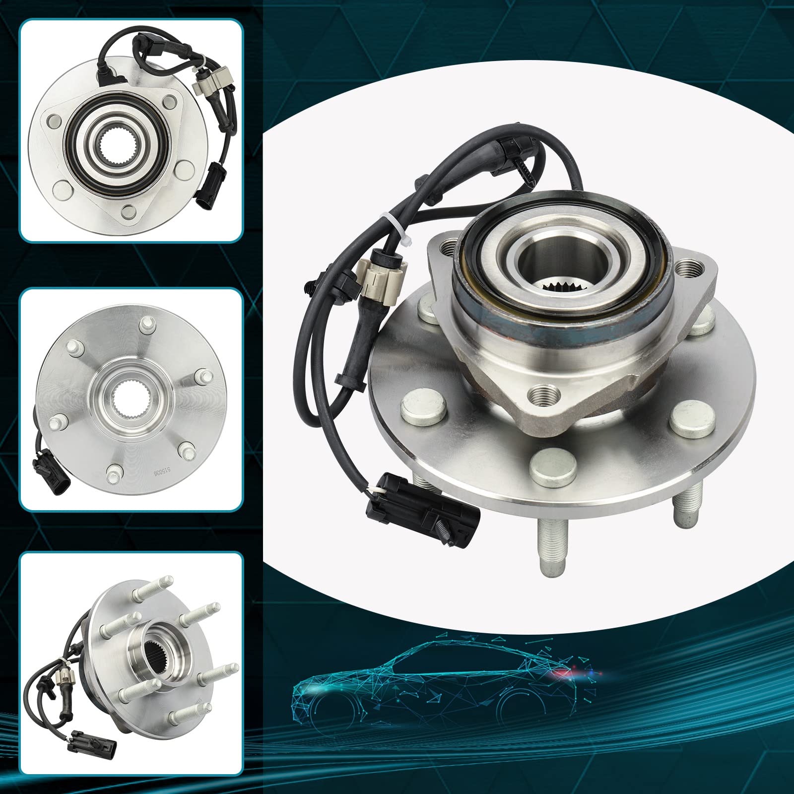 4WD ONLY Front Wheel Hub and Bearing Assembly 515036 Wheel Bearing for Cadillac Escalade, for Chevy Avalanche, Express 1500, Silverado, Suburban, Tahoe, for GMC Sierra, Yukon, Savana 6 Lugs w/ABS 1PCS