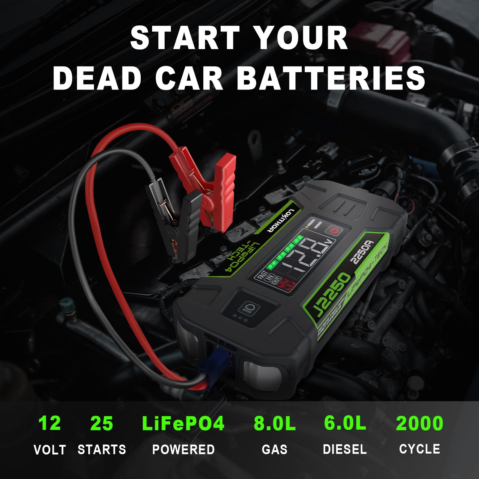 LOKITHOR J2250 12V Jump Starter Lithium Iron Phosphate (LiFePO4) Car Starter Battery for Upto 8.0L Gas and 6.0L Diesel Engines with 60W Two-Way Fast Charging, Super-Safe and 2000 Cycle Life