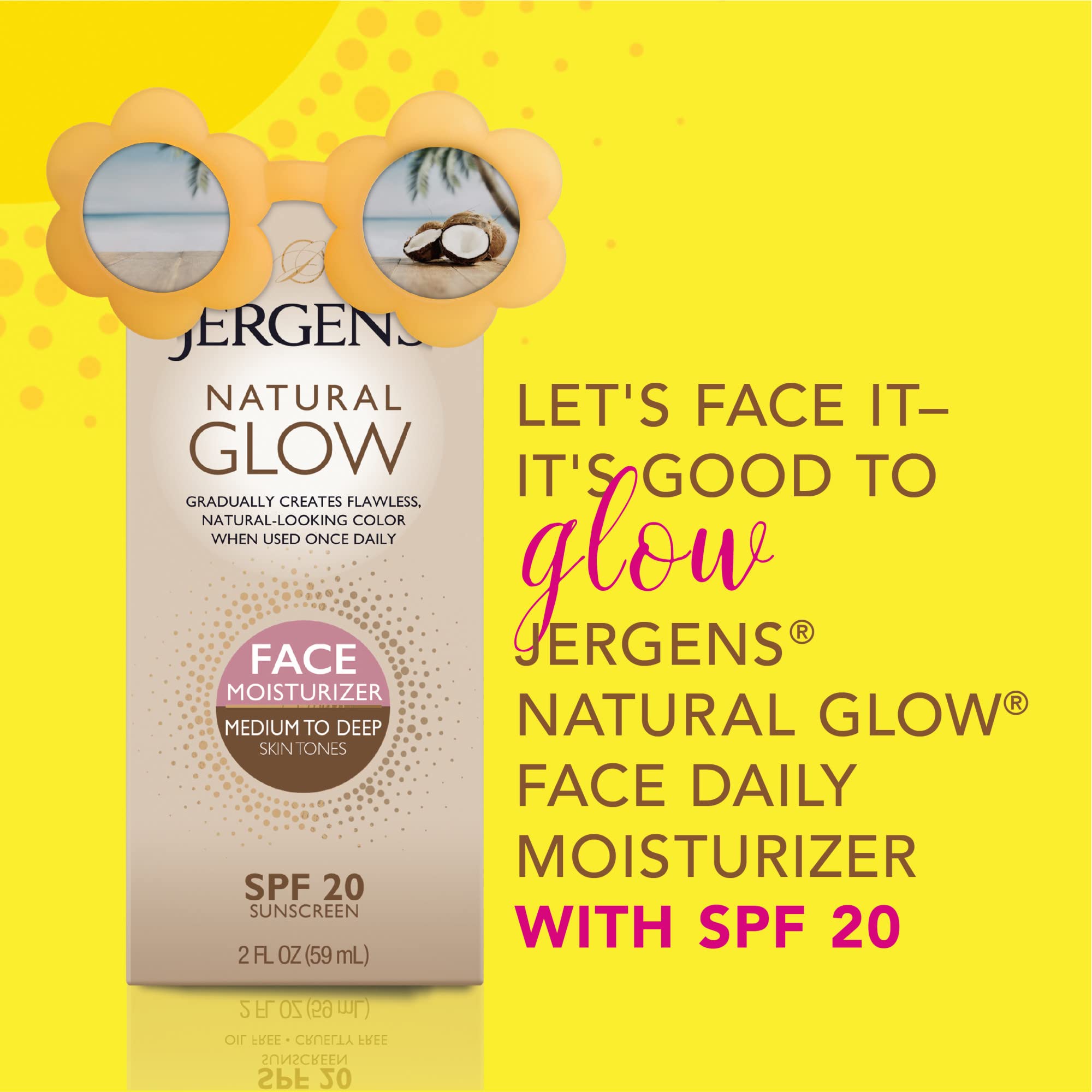 Jergens Natural Glow Face Self Tanner Lotion, SPF 20 Sunless Tanning, Medium to Deep Skin Tone Moisturizer, Daily Facial Sunscreen, Oil Free, Broad Spectrum Protection, 2-2 oz