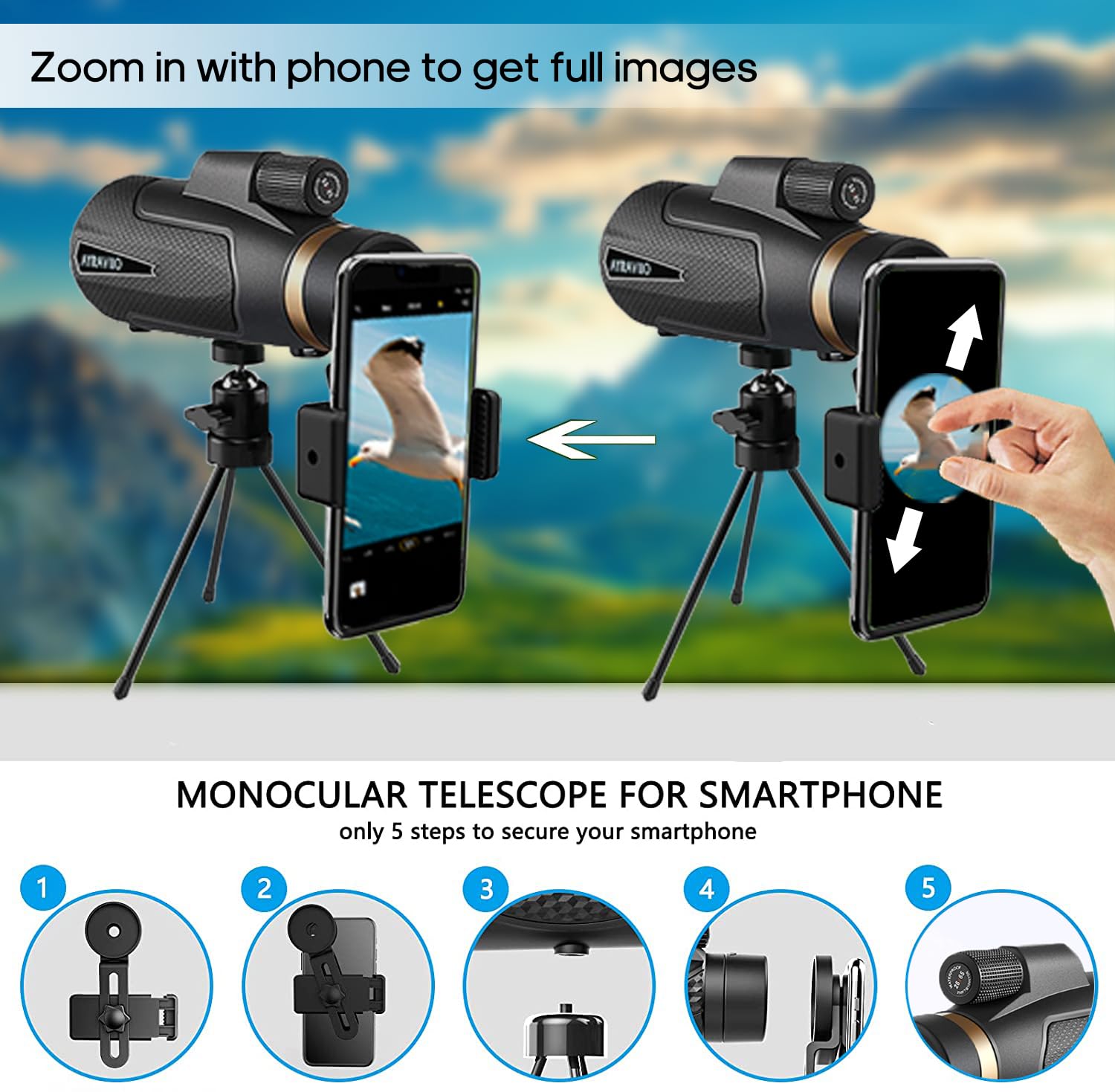 AYRAVIIO 12×60 Monocular Telescope with Smartphone Holder & Upgraded Tripod, High Powered SMC & BAK4 Scope, Birthday Gifts for Men Dad Him Husband Teen, Outdoors Survival Hiking Gear