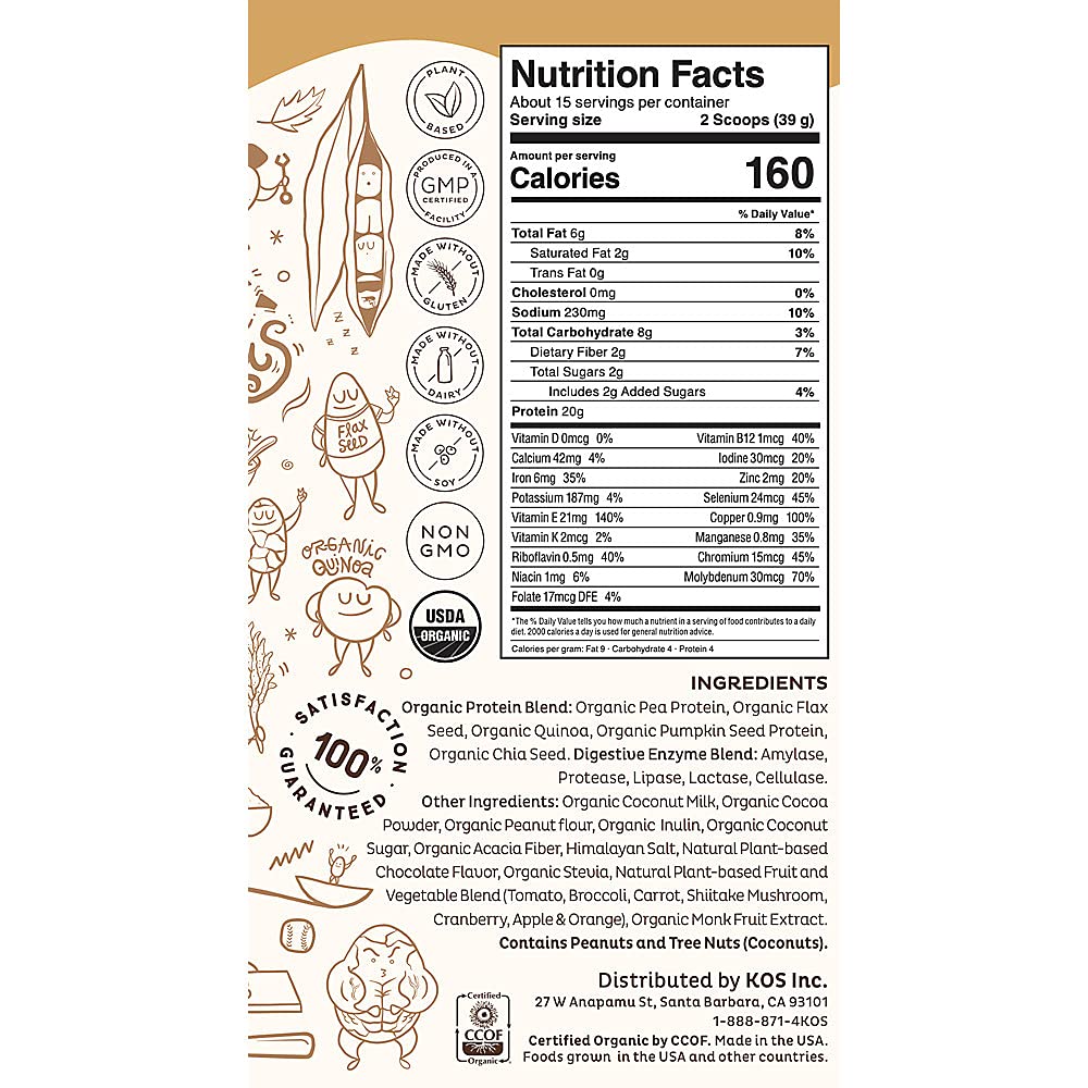 KOS Organic Plant Based Protein Powder, Chocolate Peanut Butter - Delicious Vegan Protein Powder - Keto Friendly, Gluten Free, Dairy Free & Soy Free - 15 Servings