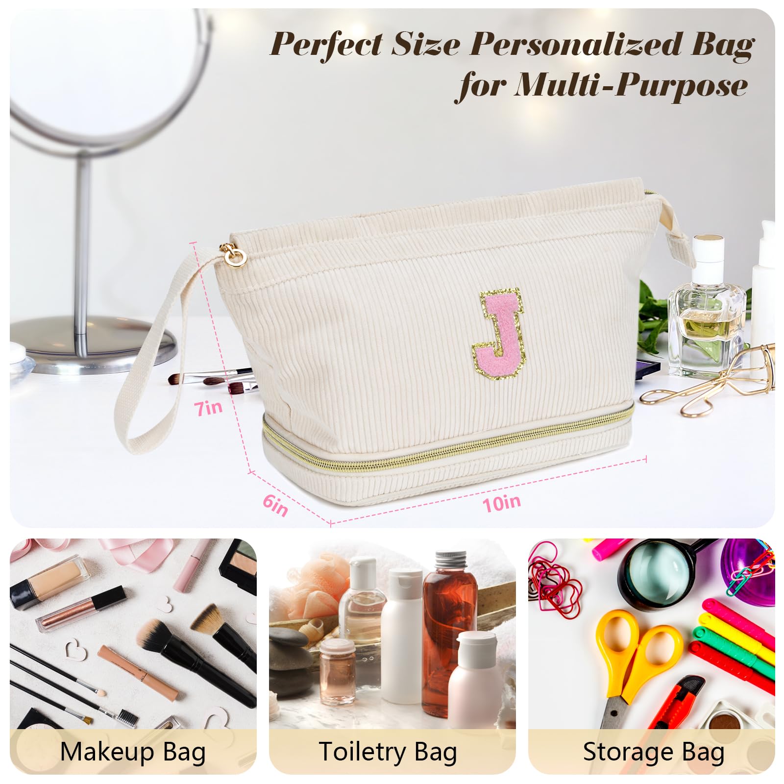 Initial Travel Makeup Bag for Women, Personalized Gift Large Double Layer Make Up Gift Cute Cosmetic Bag for Girl Makeup Pouch Wide-open Roomy Makeup Travel Bags Birthday Gifts for Her Beige - M