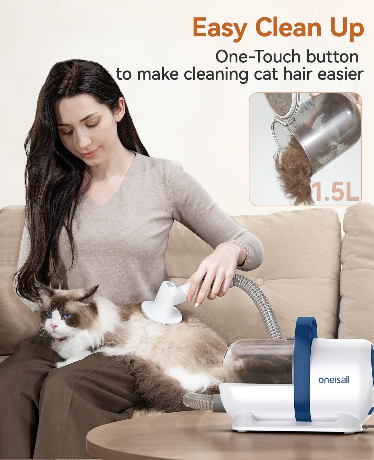 oneisall Cat Grooming Vacuum, Low-Noise Pet Vacuum Grooming Kit with Brush & Clippers for Hair Shedding Trimming Grooming, 6 in 1 Cat Vacuum Groomer for Pet Hair Grooming