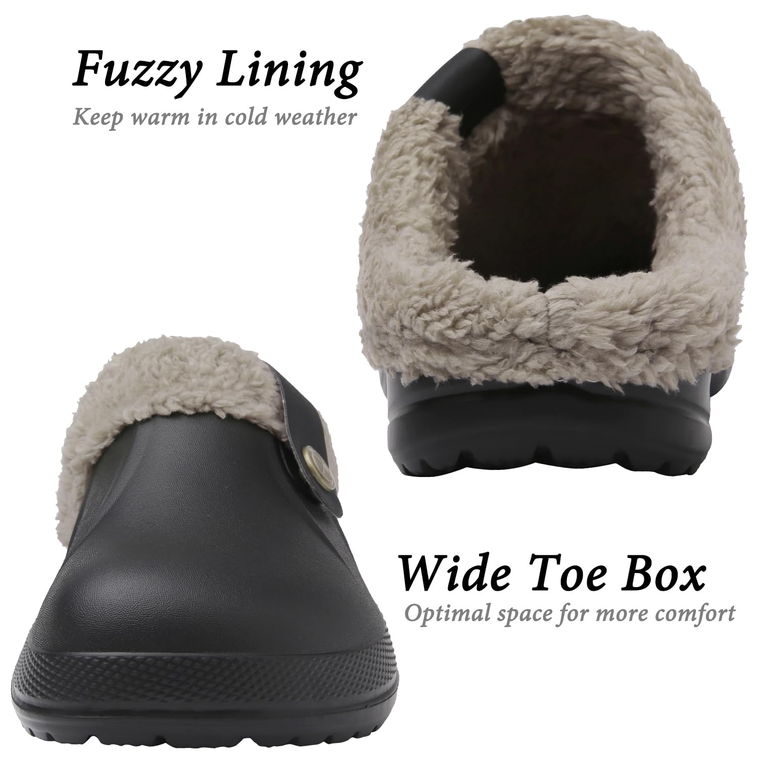 ChayChax Waterproof Slippers Women Men Fur Lined Clogs Winter Garden Shoes Warm House Slippers Indoor Outdoor Mules, Black 1, 9.5-10.5 Women/8.5-9 Men