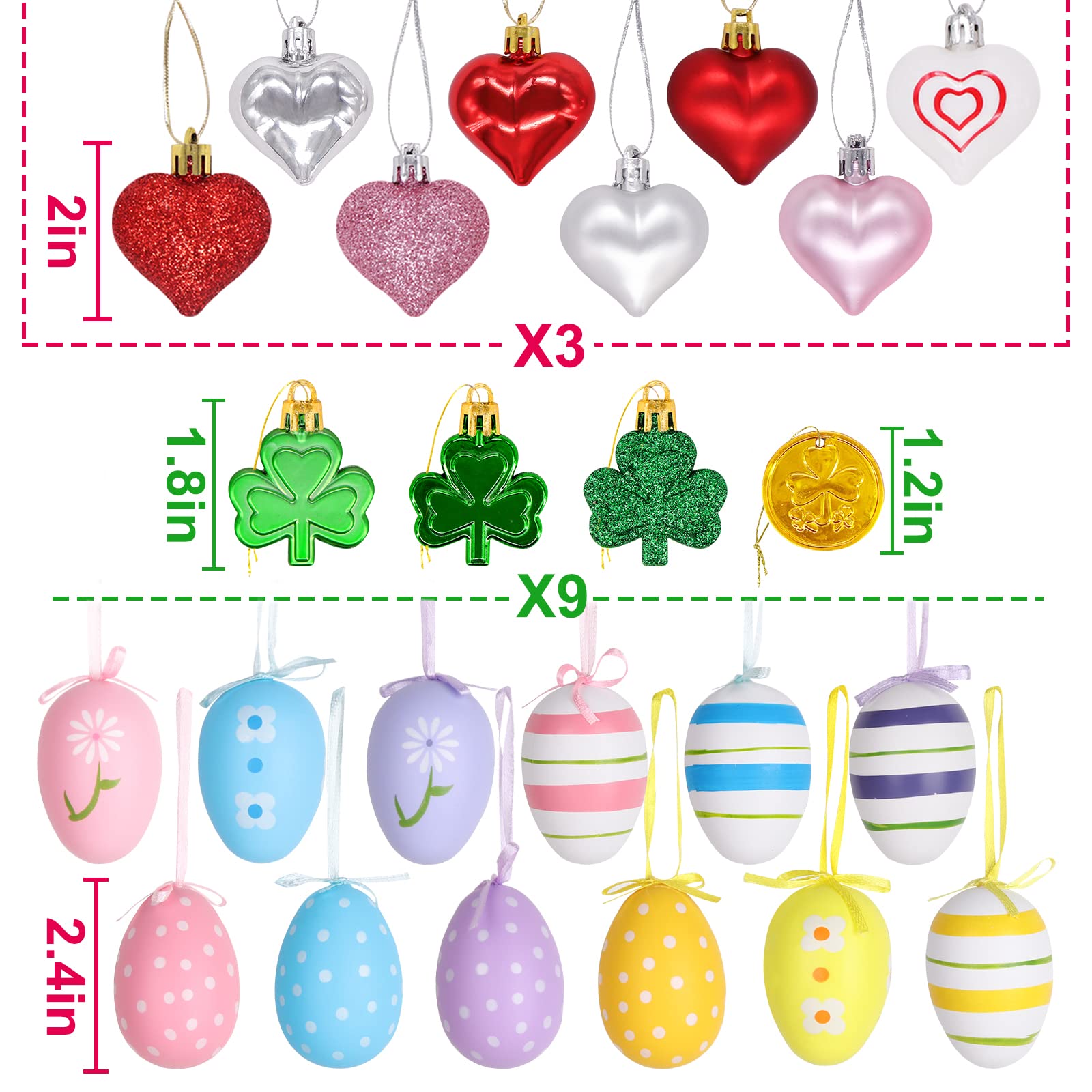 Valentines Day Decor Tree Decorations Set, 72 Pcs Ornaments for Valentine's Day St Patricks Easter Tree, Plastic Heart Shamrock Easter Egg for The Home Wedding Dinner Gifts Table Tiered Tray Decor