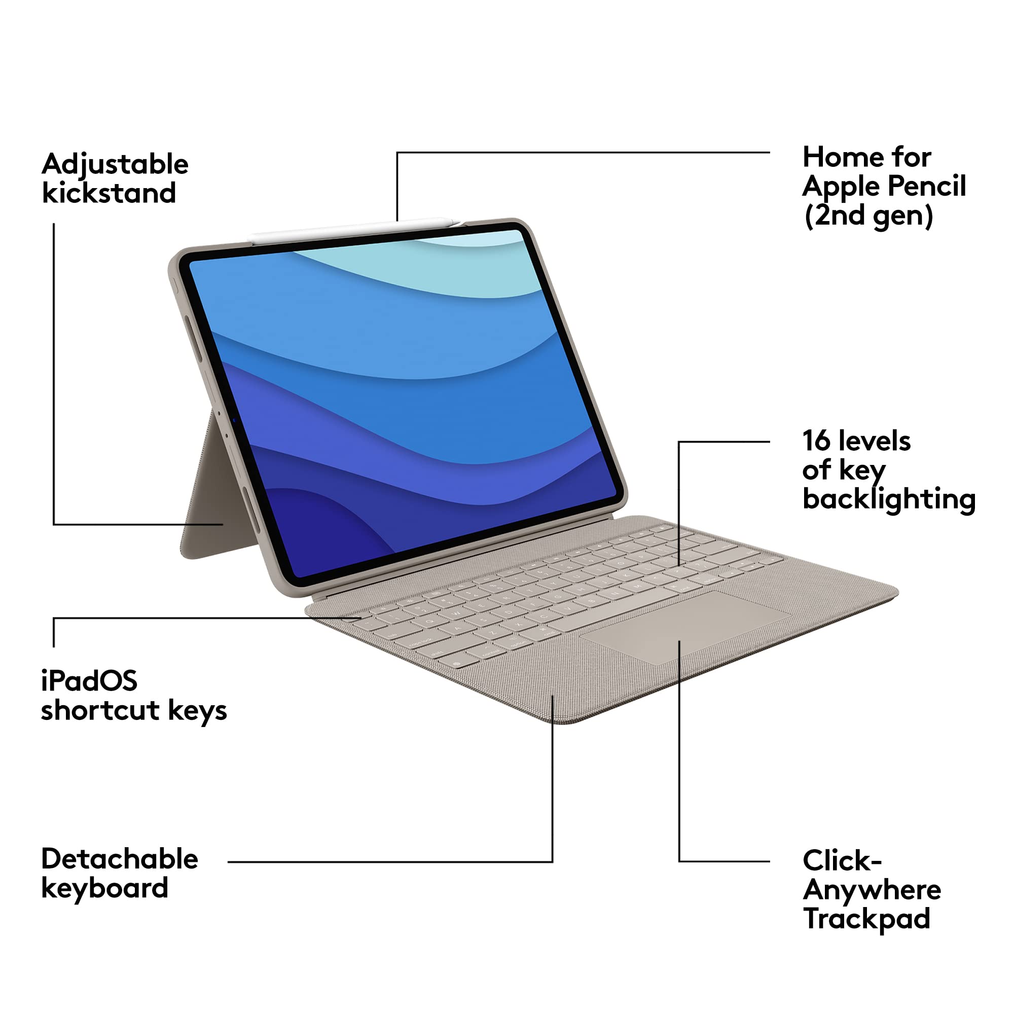 Logitech Combo Touch iPad Pro 12.9-inch (5th, 6th gen - 2021, 2022) Keyboard Case - Detachable Backlit Keyboard with Kickstand, Click-Anywhere Trackpad, Smart Connector - Sand; USA Layout