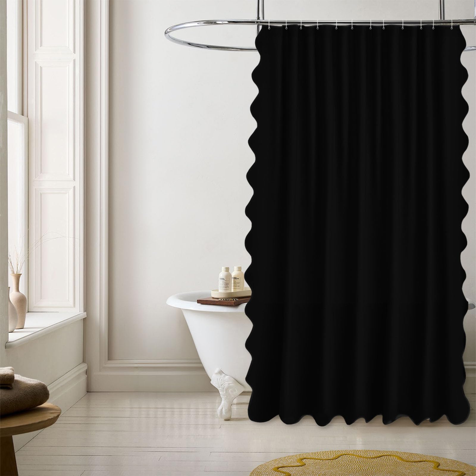 Seasonwood Black Scalloped Shower Curtain 72 x 72 Inches, Aesthetic Shower Curtain Elegant Pretty Shower Curtains Black
