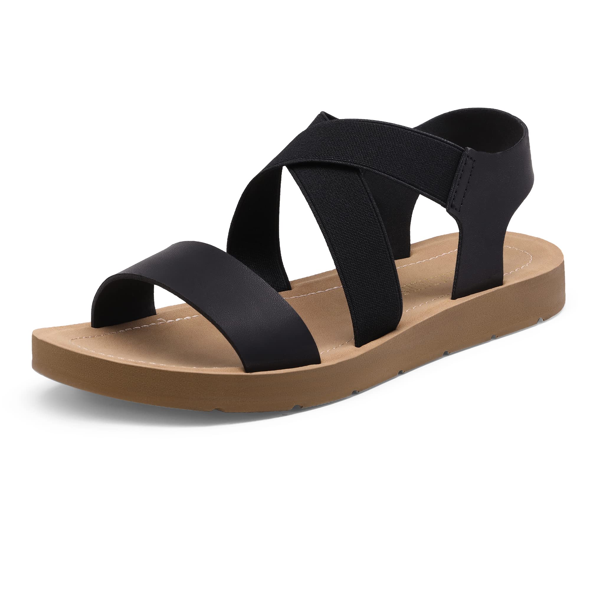 DREAM PAIRS Womens Open Toe Elastic Ankle Strap Flat Summer Sandal, Black-2-6.5 (Elena-2)