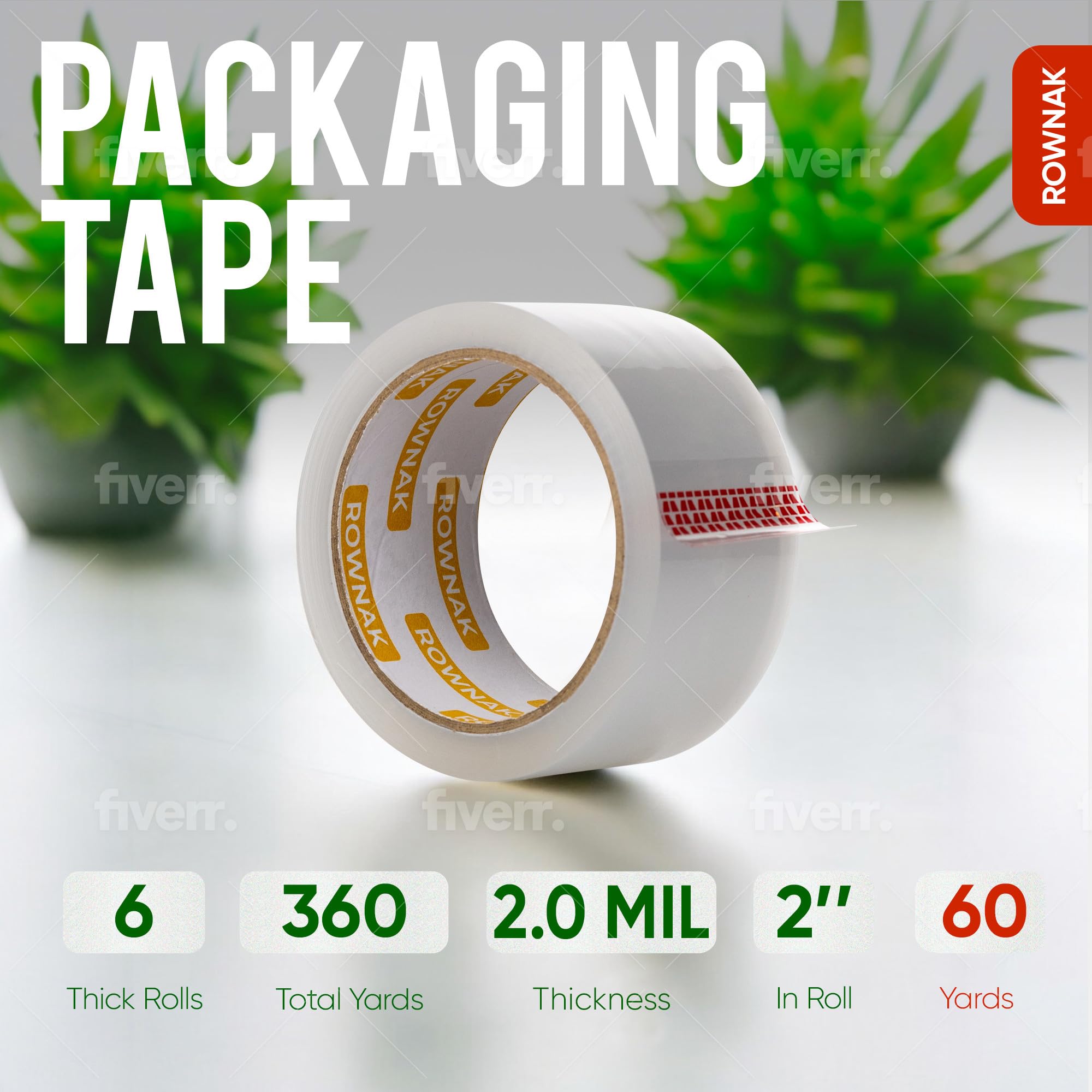 ROWNAK Clear Packaging Tape (6rolls)–2.0mil Thick, 2.0 inches Wide,60 Yards Roll, Total 360 Yards Strong Adhesive, Silent, Reliable, Cold-Resistant – for Home, Office, Logistics Services and Moree