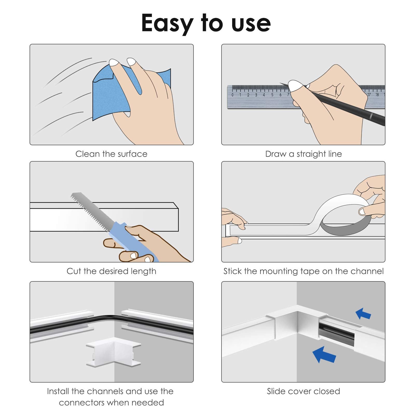 314'' Cord Cover, Cord Hider Wall, One-Cord Cable Raceway, PVC Cable Concealer Hider, Wire Hiders for TV on Wall, Cable Wire Cover for Hiding 1-2 Small Cords, 20x L15.7in W0.59 H0.40in, CC03-20Pack