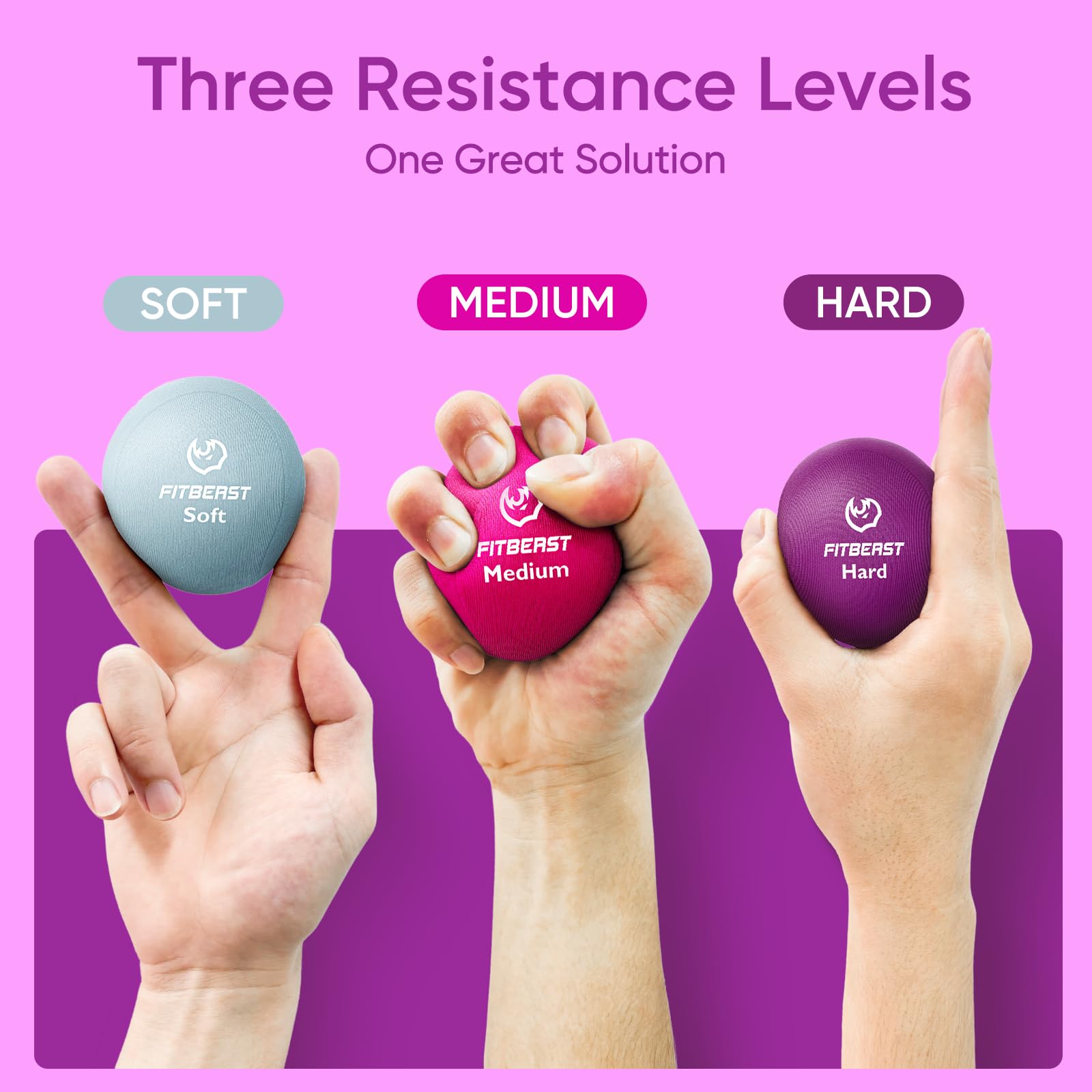 FitBeast Grip Strength Trainer – 6 Pieces Hand Therapy Kit with Finger Extension Exerciser & Stress Balls for Adults, Rehab & Strength Training – for Men, Women, and Seniors (6-Piece Bright Tones)