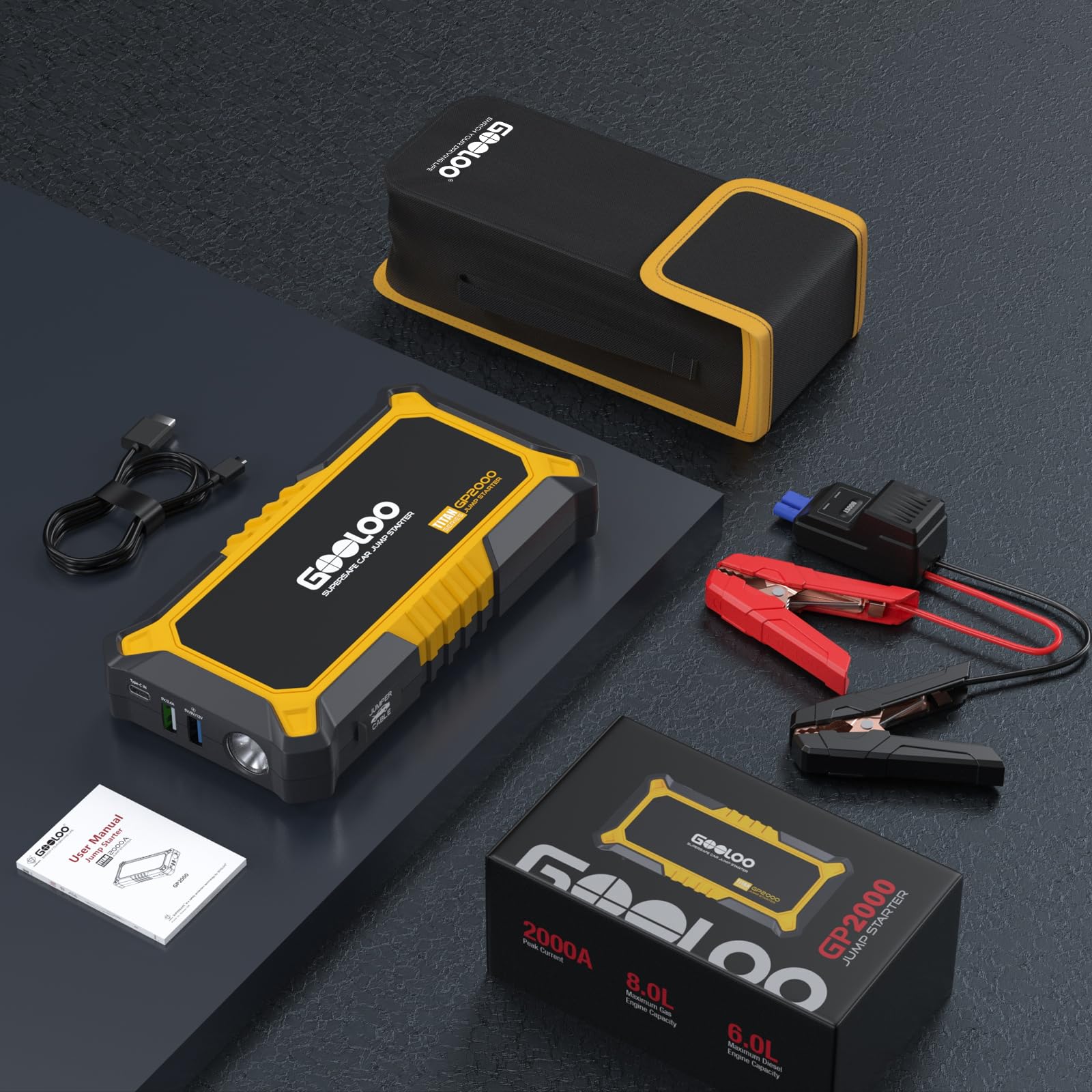 GOOLOO New GP2000 Jump Starter 2000A Car Starter Battery Pack (Up to 8.0L Gas, 6.0L Diesel Engine),12V Car Battery Charger Jumper Starter, Supersafe Portable Lithium Jump Box with USB Quick Charge