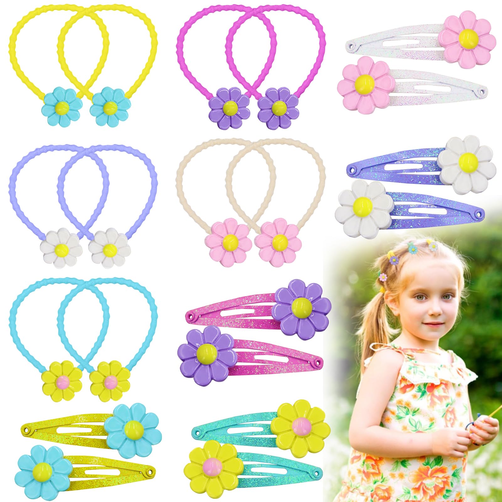 PinkSheep Flower Hair Accessory for Toddler Baby Girls 20PCS Resin & Metal Snap Barrettes, Hair Ties Soft Rubber Bands, Colorful for Kids Aged 0-6, Great Gift