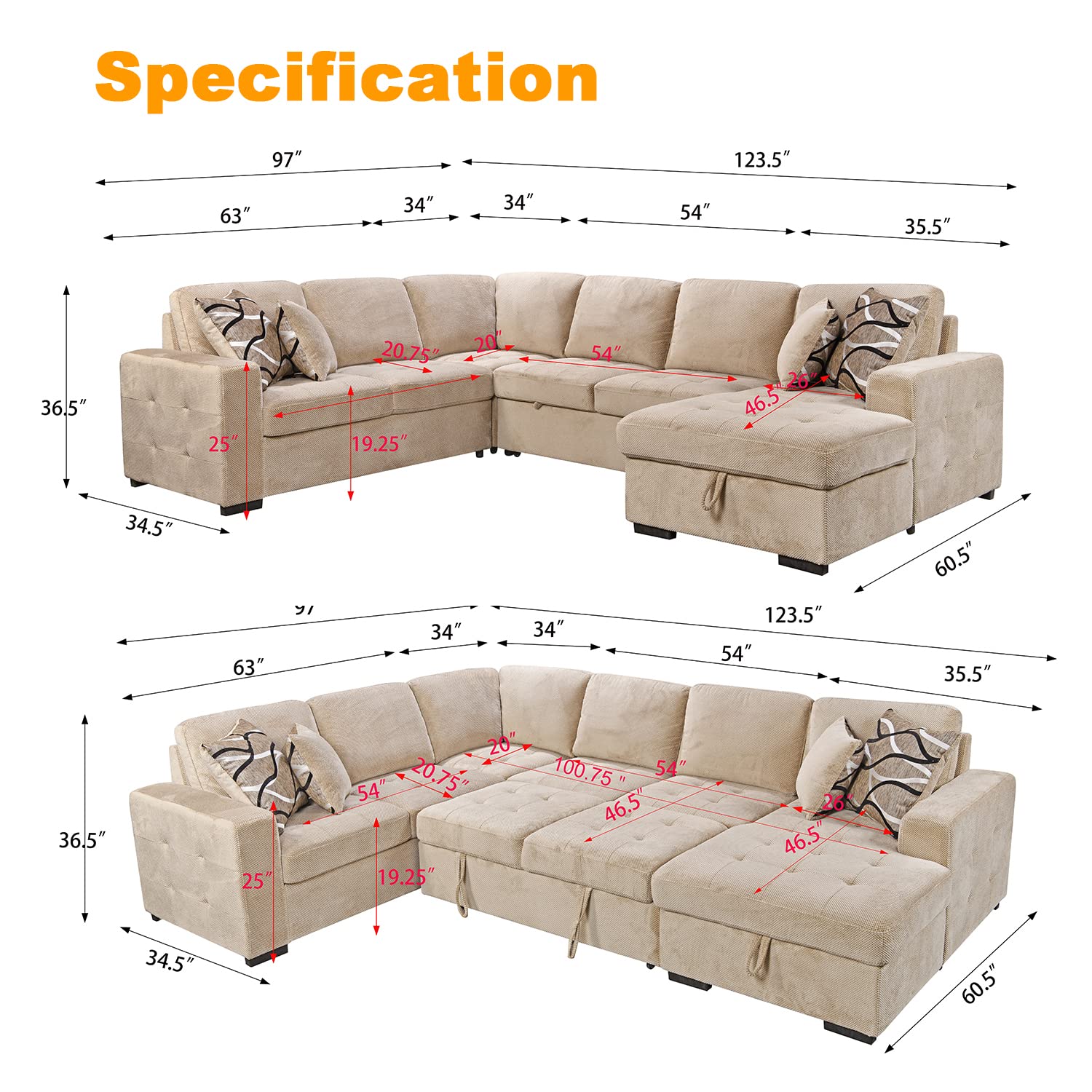 THSUPER Sectional Sleeper Sofa with Pull Out Bed and Storage Chaise, U Shape Sectional Sofa Bed, Oversized Sectional Sleeper Couch for Living Room Beige