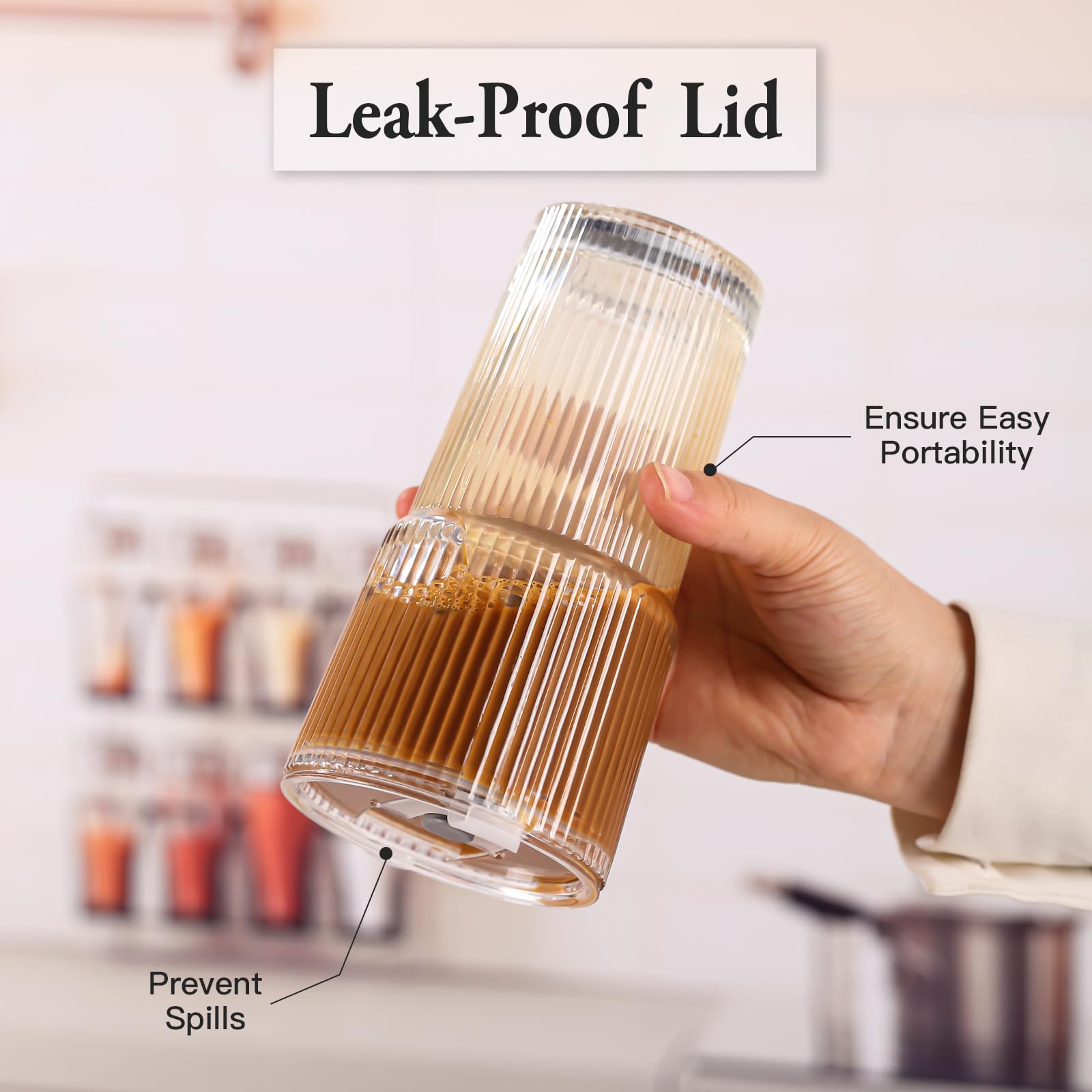 SIPBYSOP 4PCS Ribbed Glass Cups with Lids and Straws, 20oz Vintage Drinking Glasses, Aesthetic Iced Coffee Cups, Glass Tumbler for Boba, Beer, Tea, Cocktails, Ribbed Glassware Set,Clear