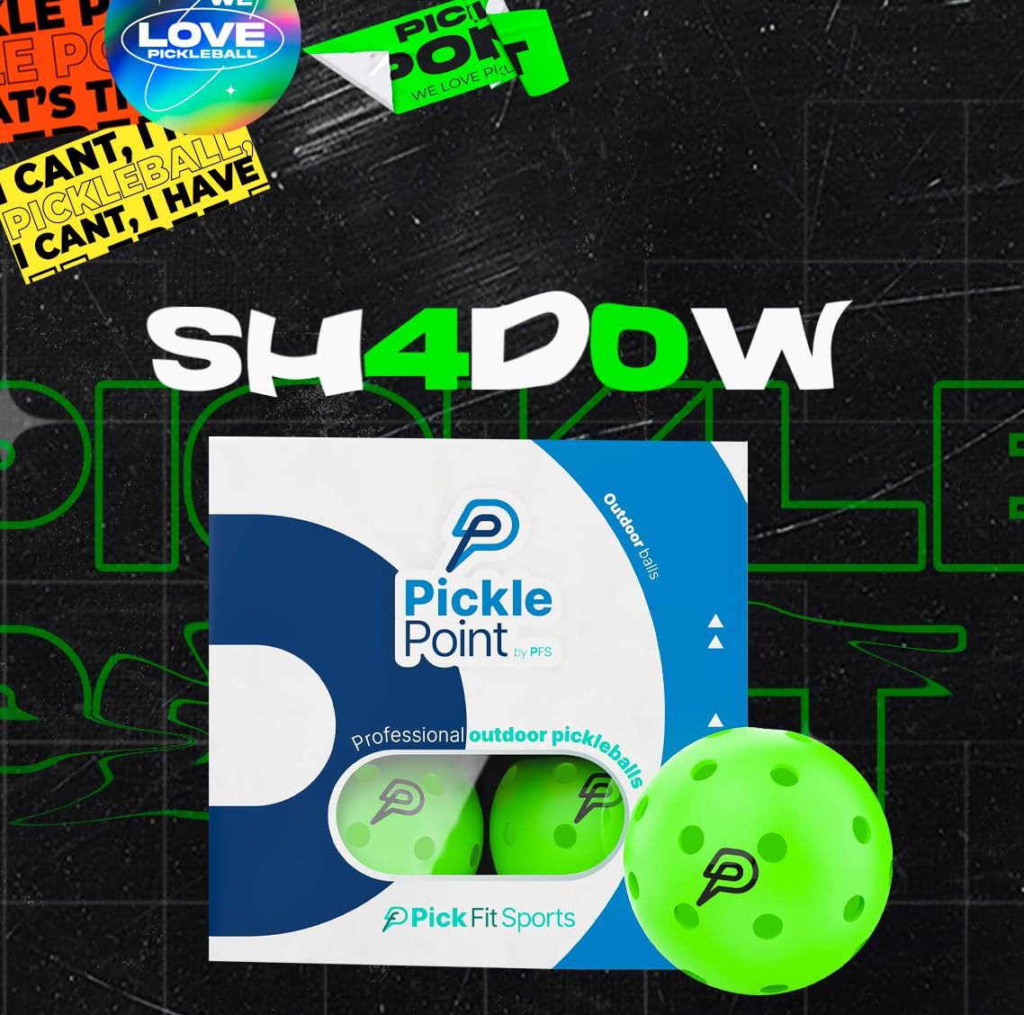 PICKLEPOINT Sh4d0w Pickleball Balls | 4 Pack | 40-Hole Outdoor Pickleball | Built to USAPA Specifications | PicklePoint Premium Outdoors Balls | Green Neon Balls