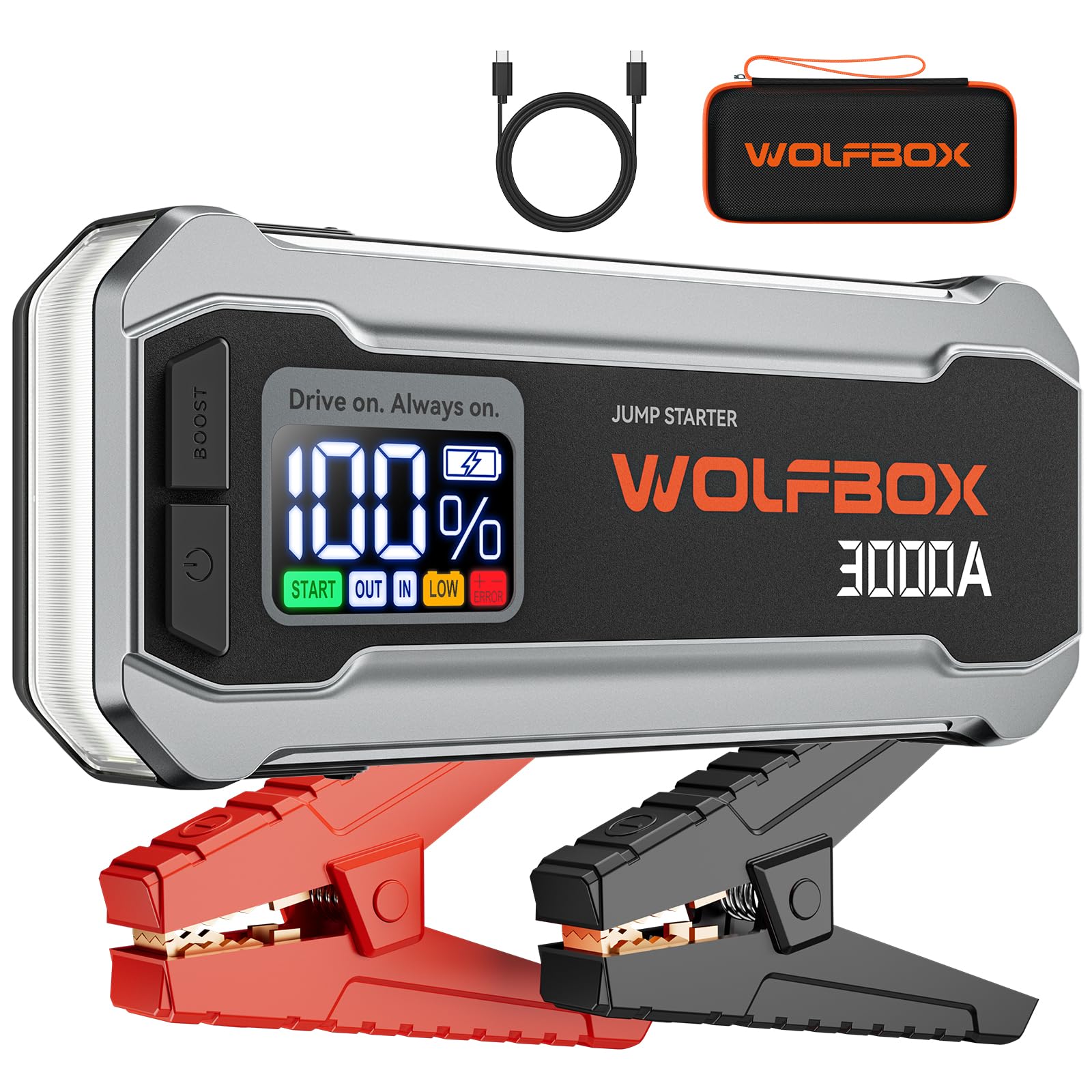 WOLFBOX 3000A Jump Starter,12V Car Battery Jump Starter with LED Displays,65 Watt Quick Charge,16000mAh Portable Jump Starter Battery Pack(8L Gas 6L Diesel Engine) with Booster,LED Light,Jumper Cables