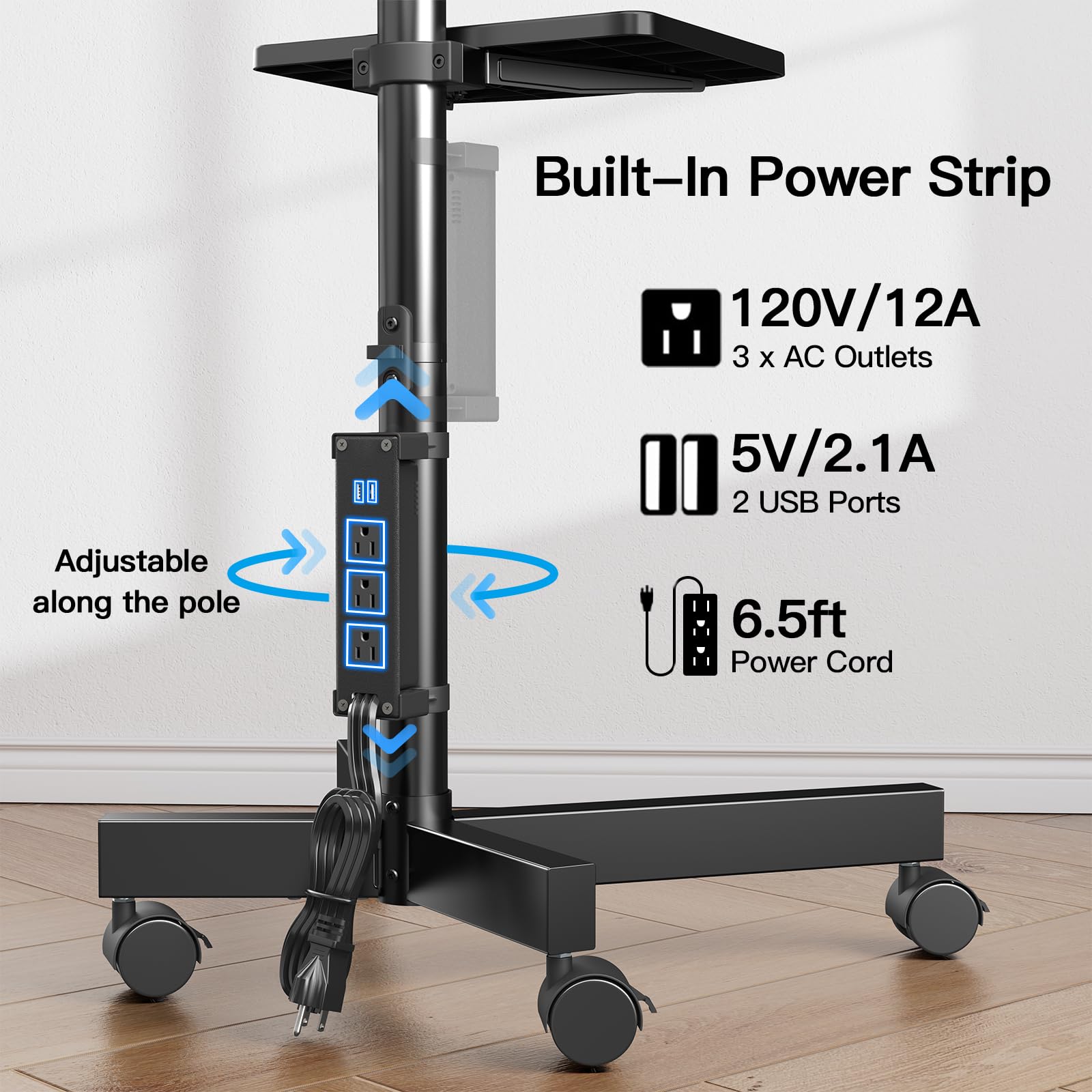 HUANUO Rolling TV Stand with Power Outlet, Mobile TV Stand for 23-60 Inch Flat/Curved LED/LCD/OLED TVs up to 88 lbs, TV Cart Height Adjustable Portable TV Stand on Wheels Max VESA 400x400mm- HNTVMC02