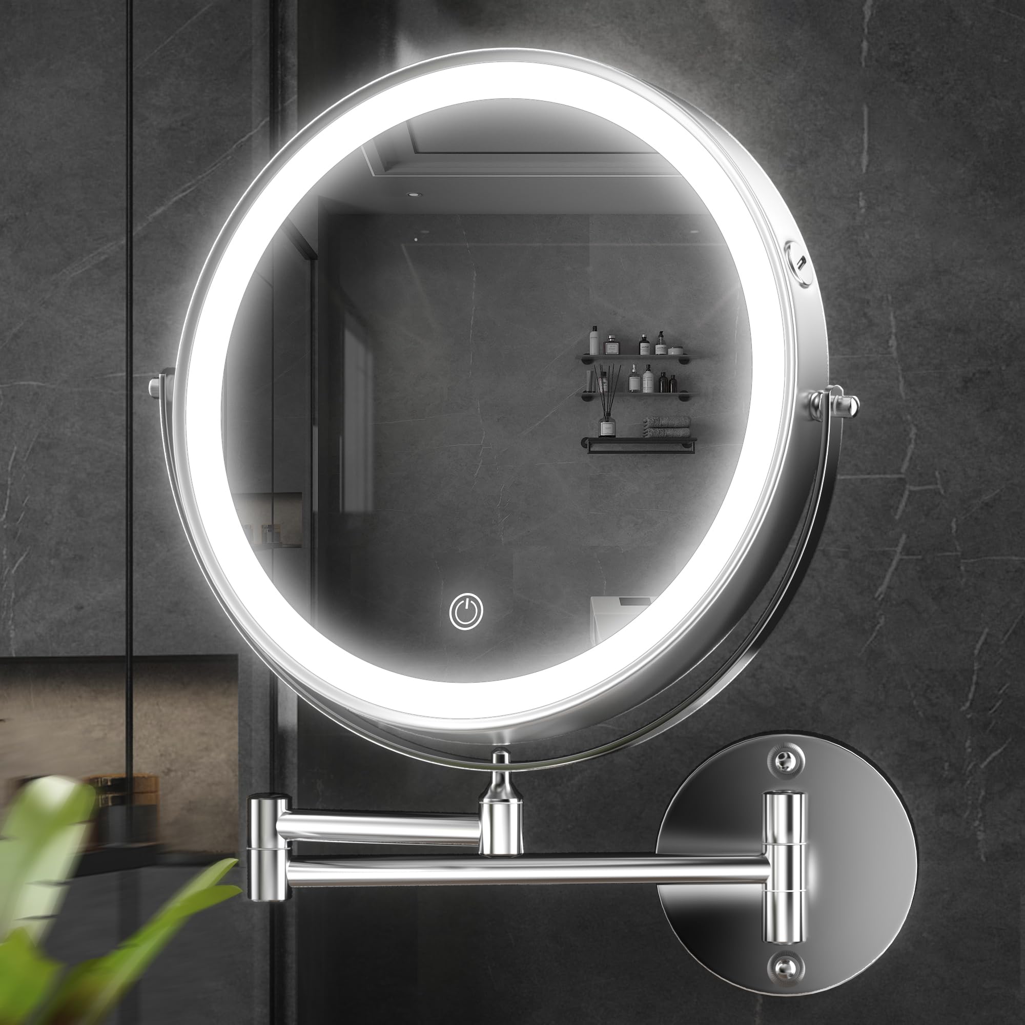 Hasipu 10-Inch Wall Mounted Makeup Mirror with Magnification, Rechargeable 3000 mAh Vanity Mirror with Lights, Bathroom Mirror with Dimmable Brightness, 3 Lighting Modes, Extendable Arm, Chrome