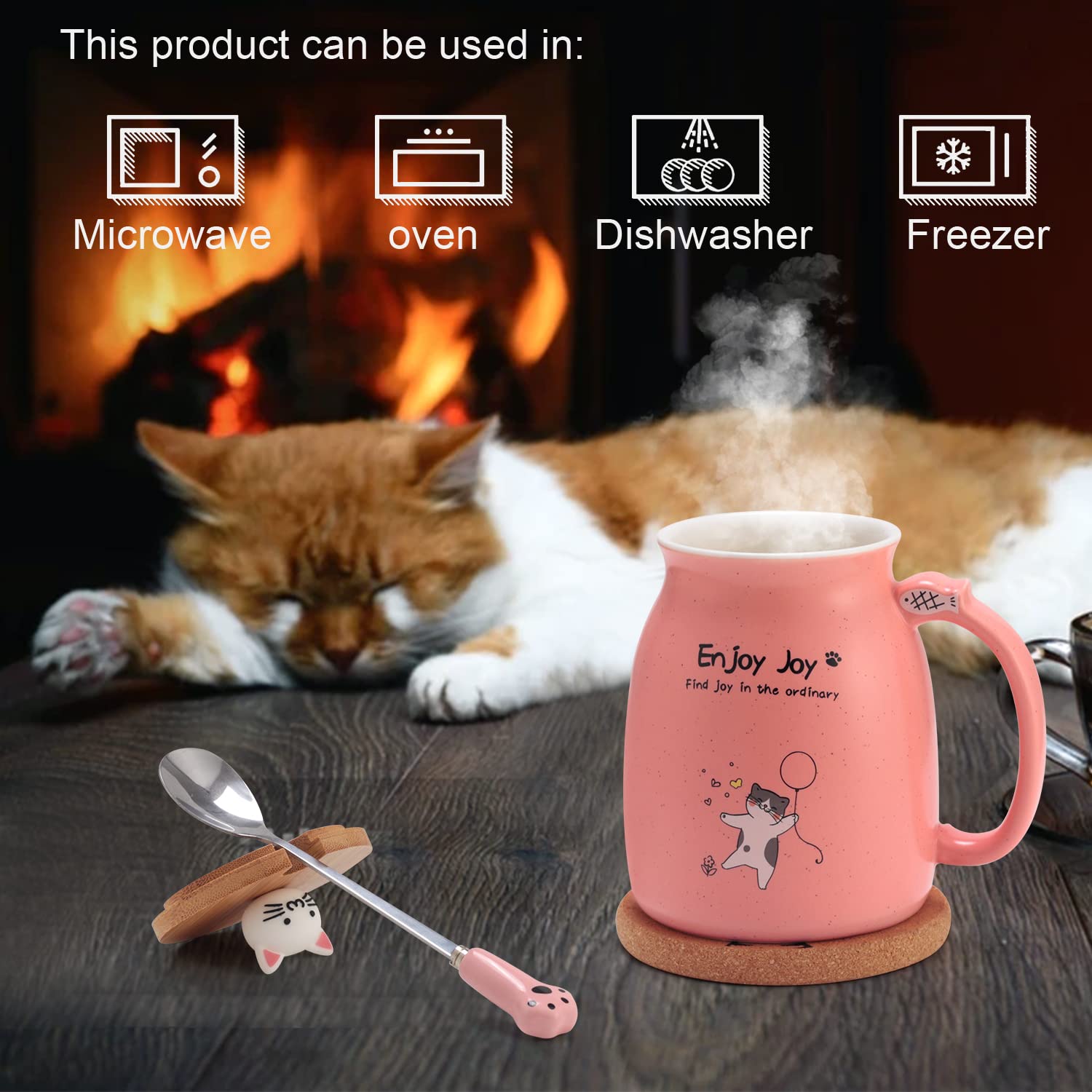 Novelty Cat Mug Cute Ceramic Coffee Cup with Kawaii Wooden Kitty Lid, Lovely Cat Claw Spoon, Anime Wooden Cat Coaster, Cat Things Pink Birthday Mug Gift for Cat Lovers Girl Kids Women 480ML (Pink)