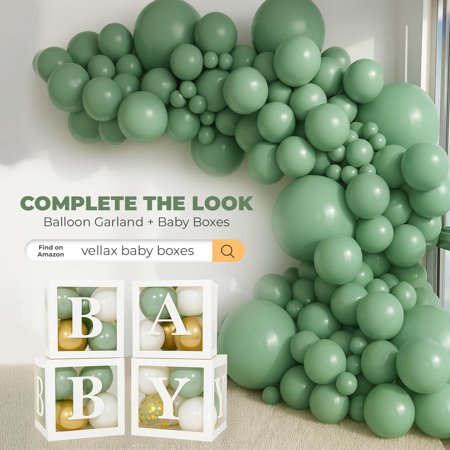 Balloon Garland Arch Kit – 146 Pcs Sage Green Balloons & Baby Shower Boxes with Letters – White Boxes with Sage-Green, Gold, Gold Confetti, and White Balloons