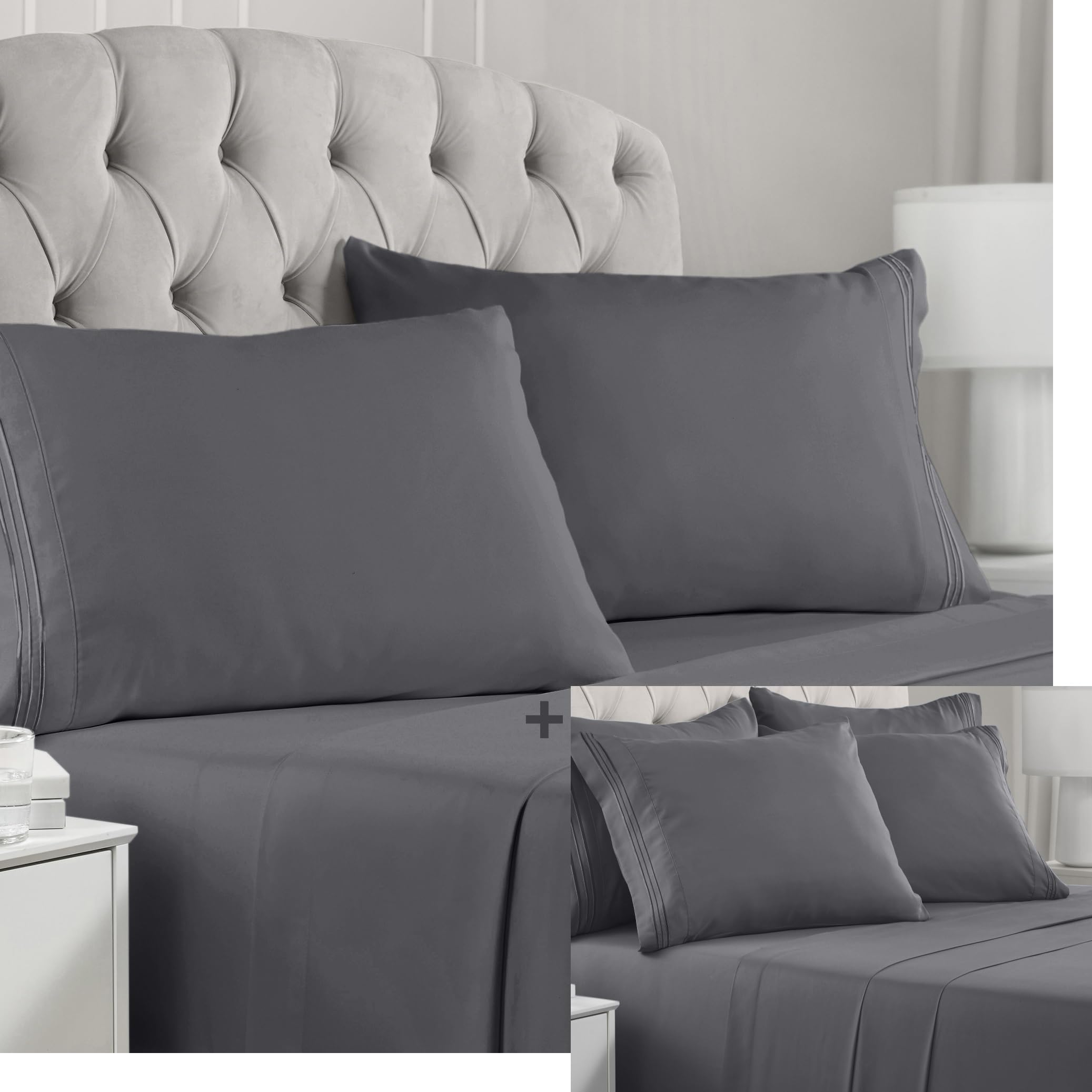 Mellanni 4PC Bed Sheet Set + 6PC Bed Sheet Set Bundle&Save - 10 Piece Iconic Collection Bedding Sheets & Pillowcases - Bundle Includes: 2 Flat Sheets, 2 Fitted Sheet and 6 Pillow Cases (Queen, Gray)