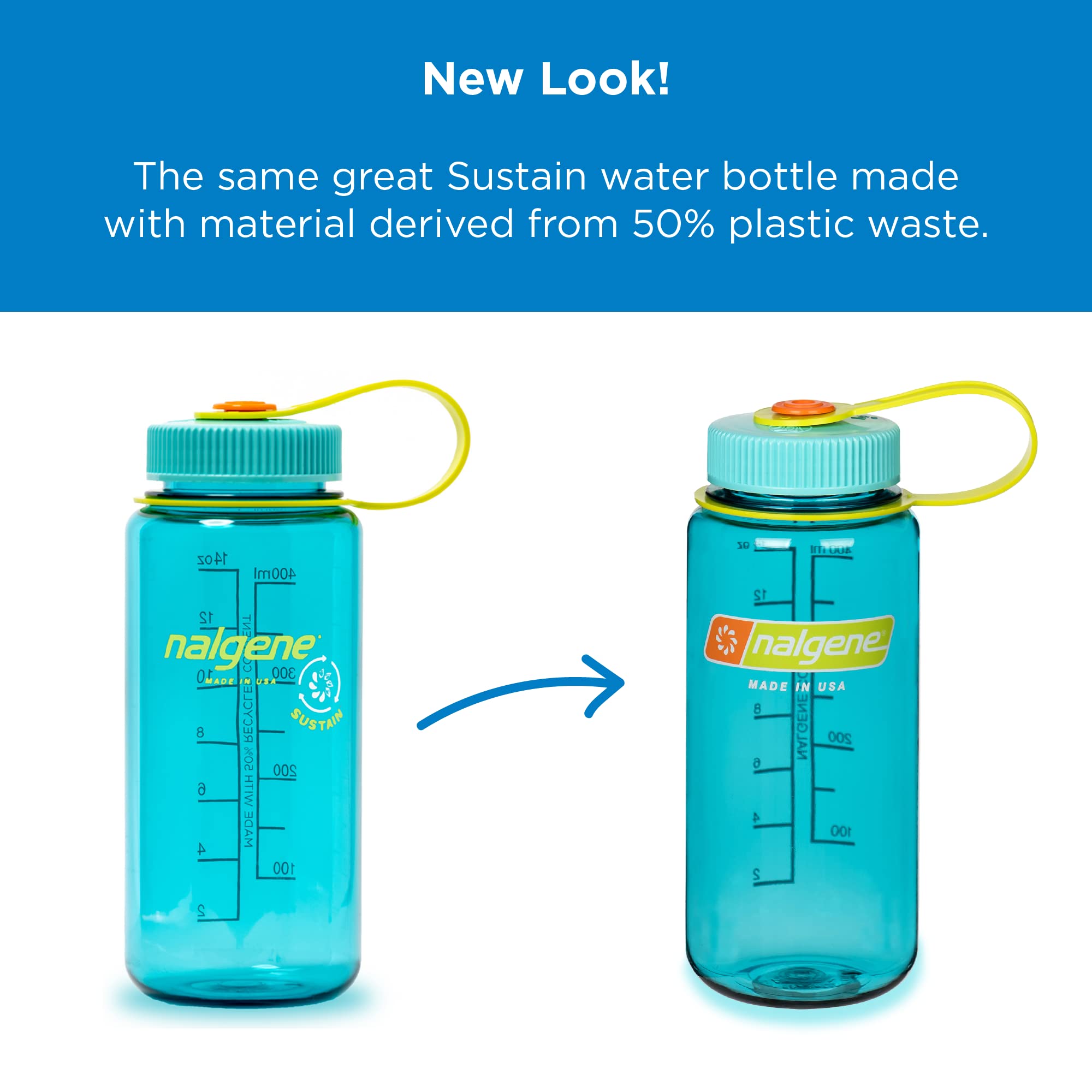 Nalgene Sustain Tritan BPA-Free Water Bottle Made with Material Derived From 50% Plastic Waste, 16 OZ, Wide Mouth, Clementine