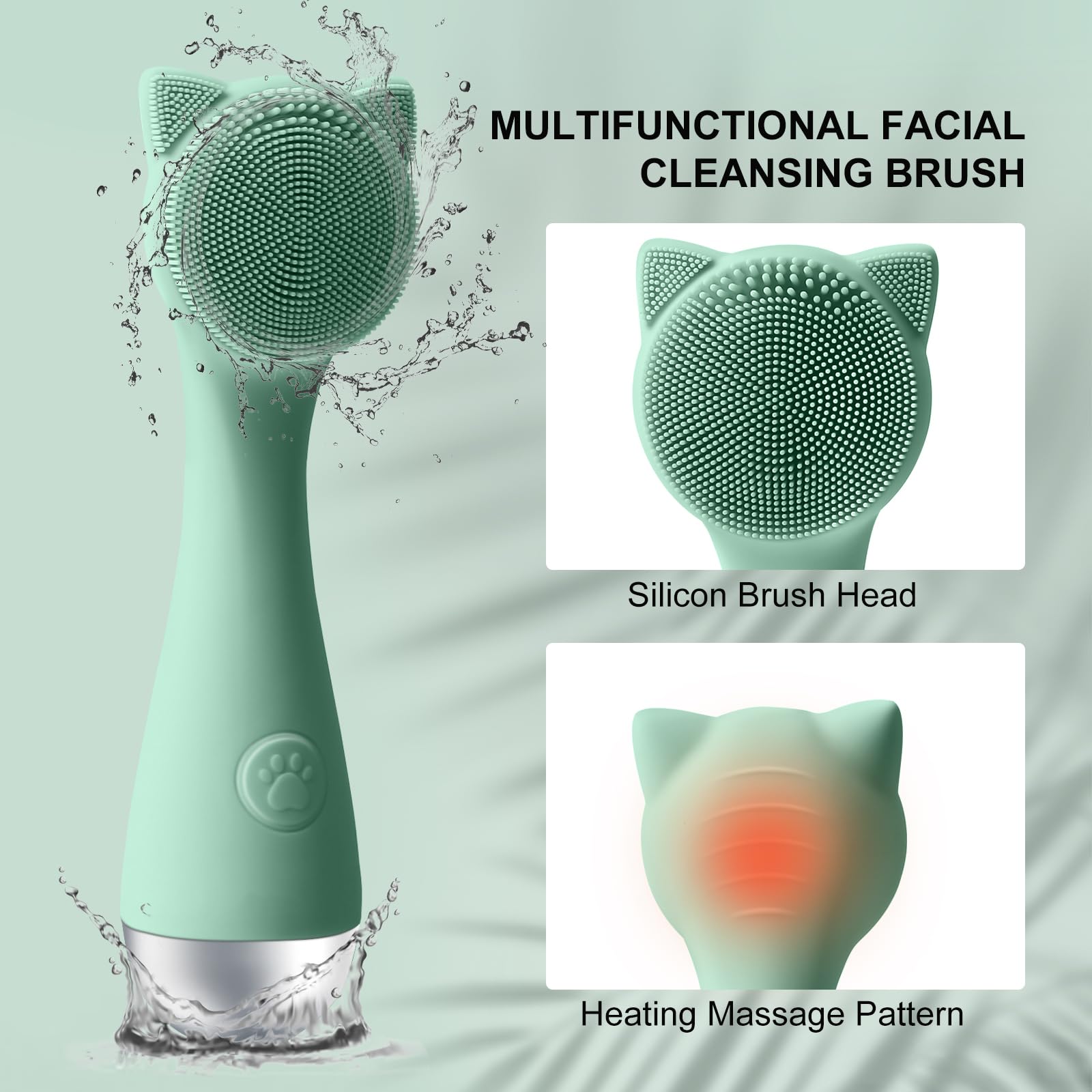 Facial Cleansing Brush, Silicone Face Scrubber Exfoliator for Men & Women, Electric Face Brush Waterproof, with 3 Speeds Adjustable for Deep Cleaning, Removing Blackhead, Face Massaging (Mint Green)