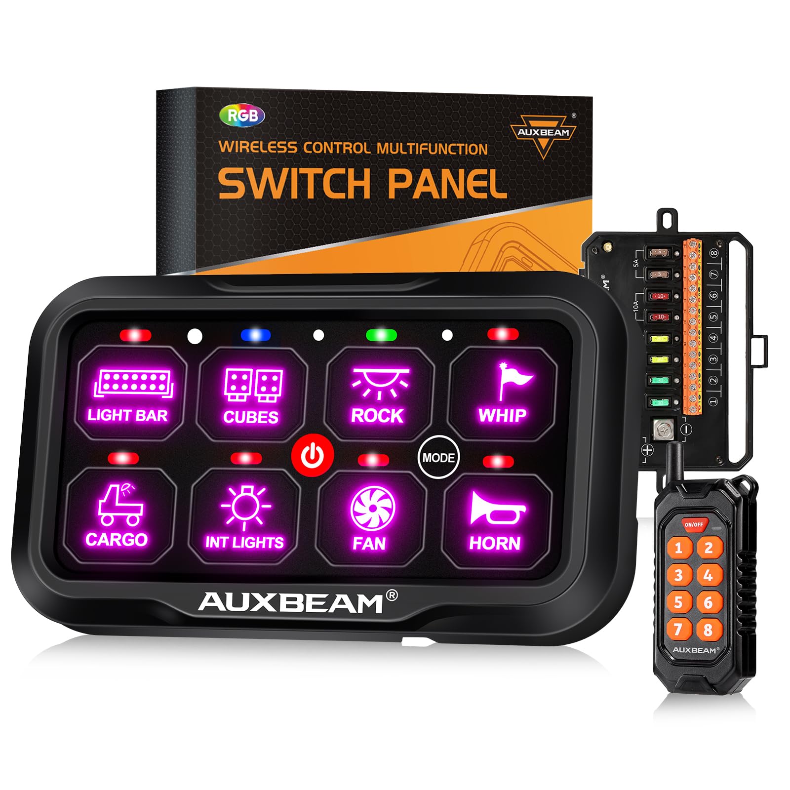 Auxbeam RC800 8 Gang Switch Panel RA84 RGB Wireless Remote Control Up to 165FT Range Automotive Switch Pod Featuring 3 Lighting Modes Backlit Off Waterproof for Car Boat Truck RV 2-Year Warranty