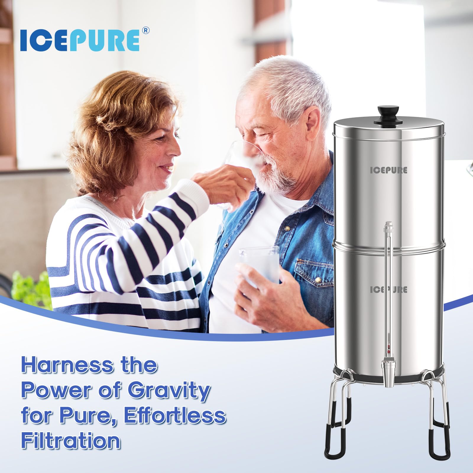 ICEPURE Gravity-fed Water Filter System, 2.35G Stainless-Steel 304 Countertop Filter System with 2 Black Carbon Filters, Providing Clean&Clear&Fresh Water, Used for Camping, RVing, Emergencies, Home