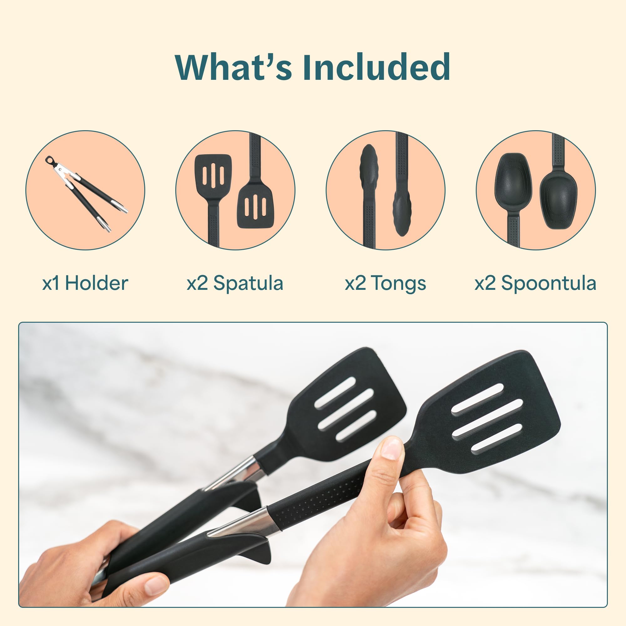 GripFlip: 3-in-1 Kitchen Utensils Set | Spatula, Tongs & Spoontula | 7 Pcs | Non-stick, Heat-resistant, BPA-free Silicone Cooking Utensils Set with Extendable & Interchangeable Inserts