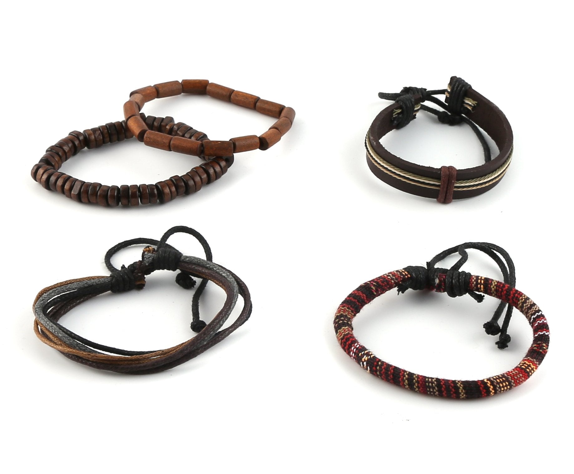 HZMAN Mix 5 Wrap Bracelets Men Women, Hemp Cords Wood Beads Ethnic Tribal Bracelets, Leather Wristbands