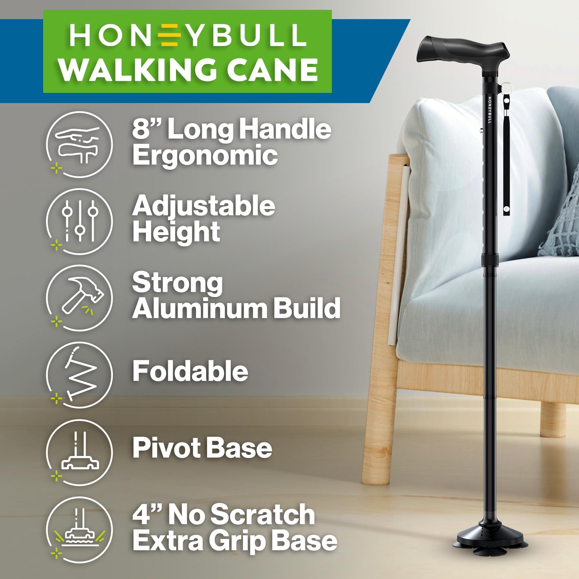 HONEYBULL Walking Cane for Men & Women Foldable, Adjustable, Heavy Duty, Free Standing, All Terrain, Collapsible Walking Sticks for Seniors & Adults (Black)